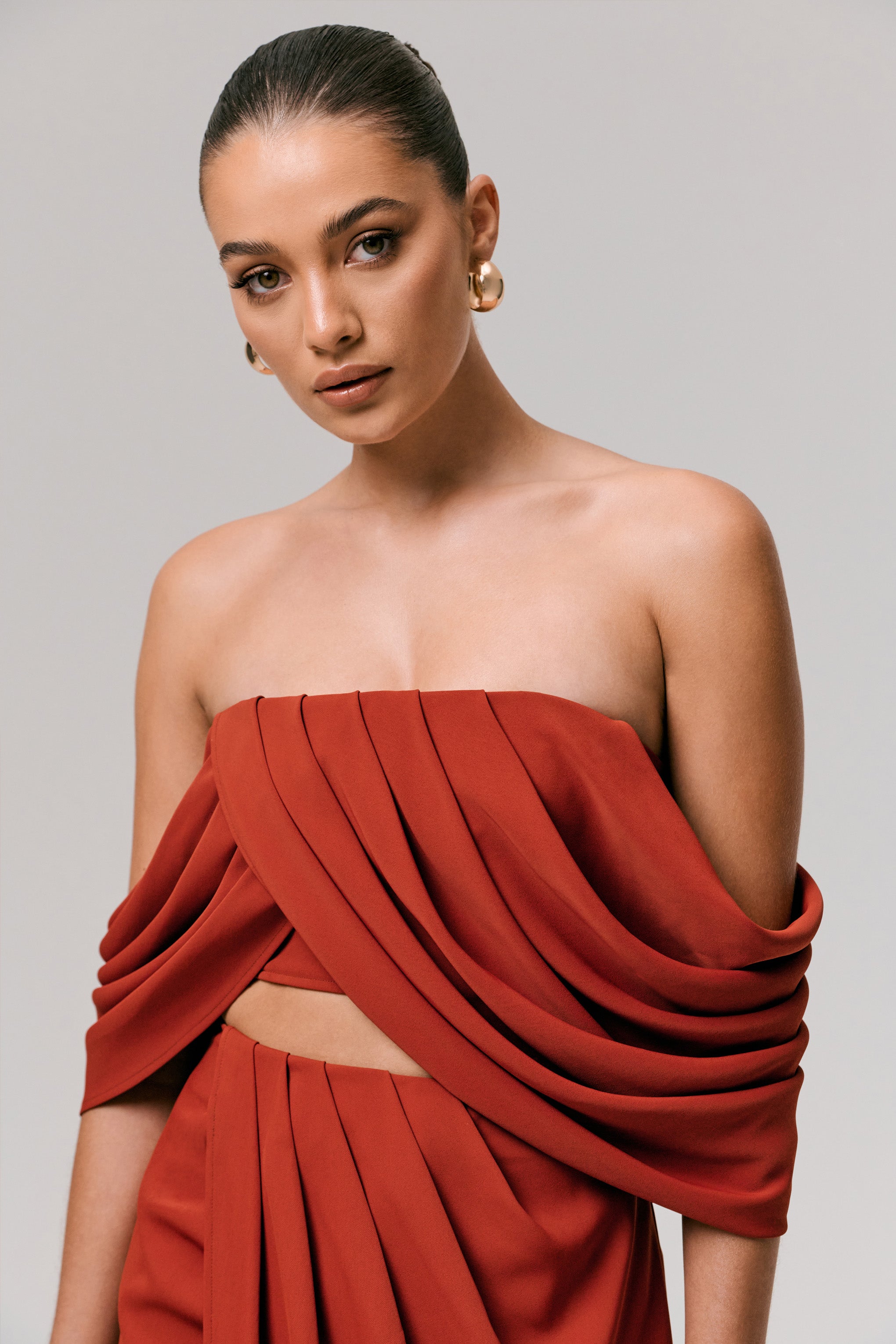  Terracotta Bardot Crop-Top With Draped Sleeves