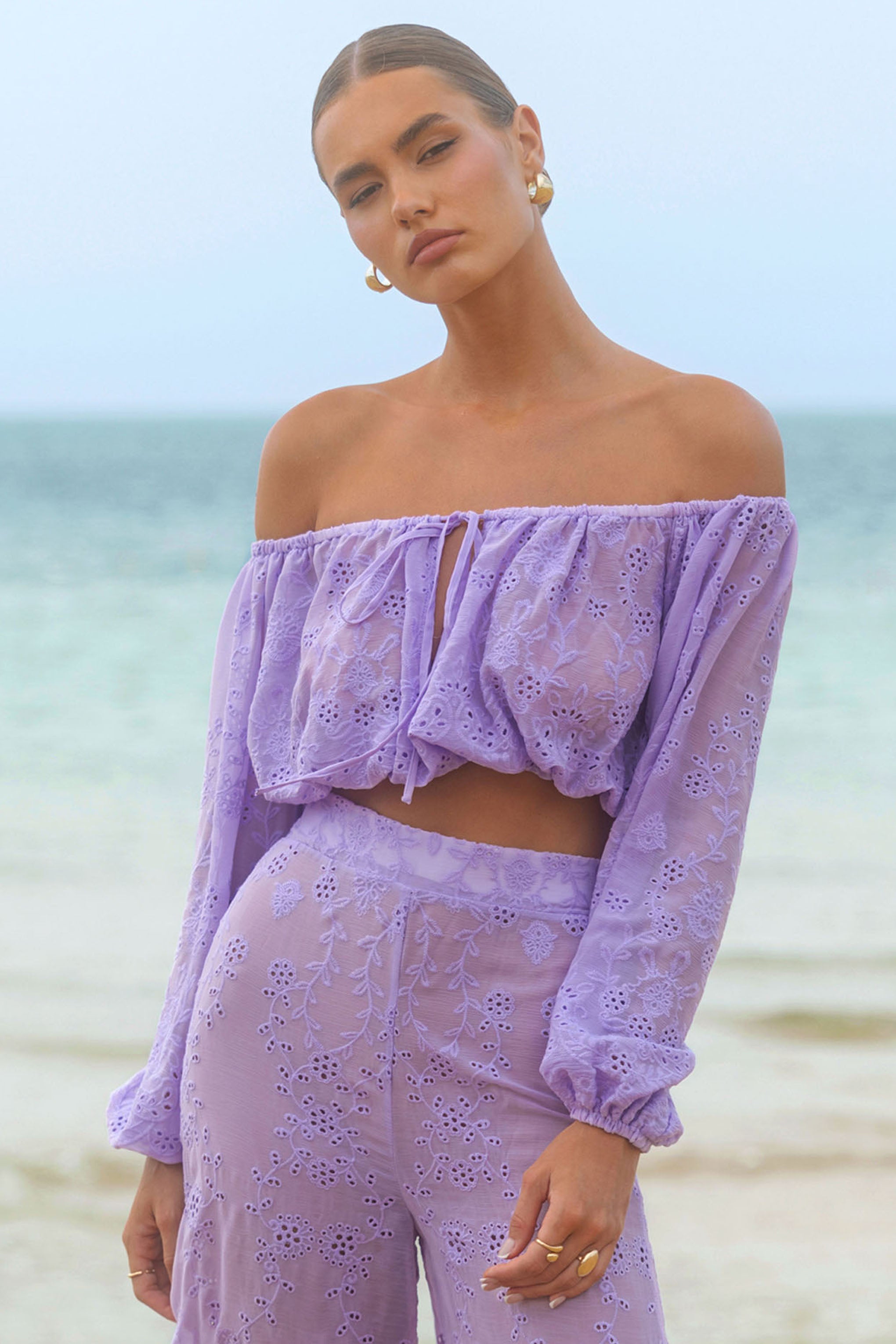  Lilac Broidery Bardot Puff-Sleeve Top