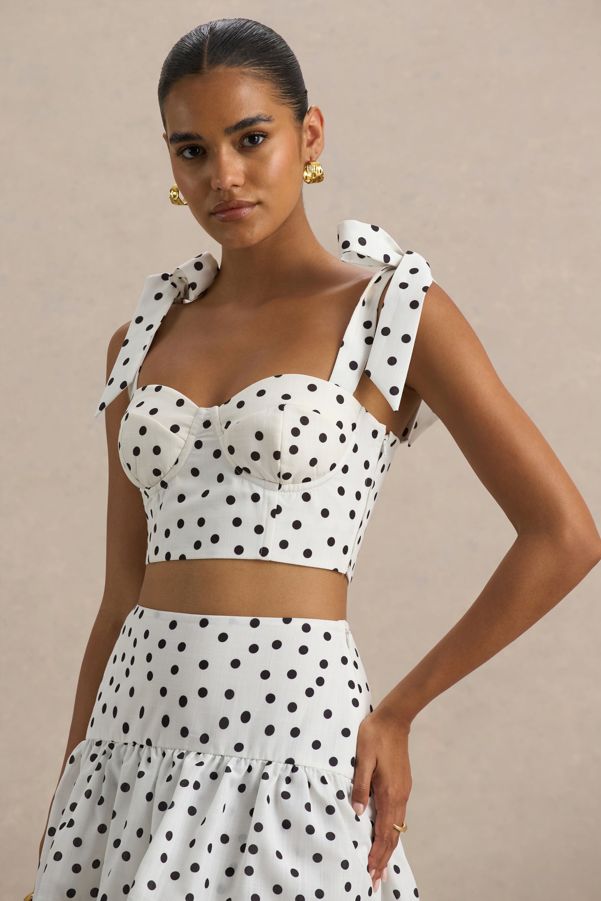 White Polka Dot Corset Sweetheart Top With Bow Straps