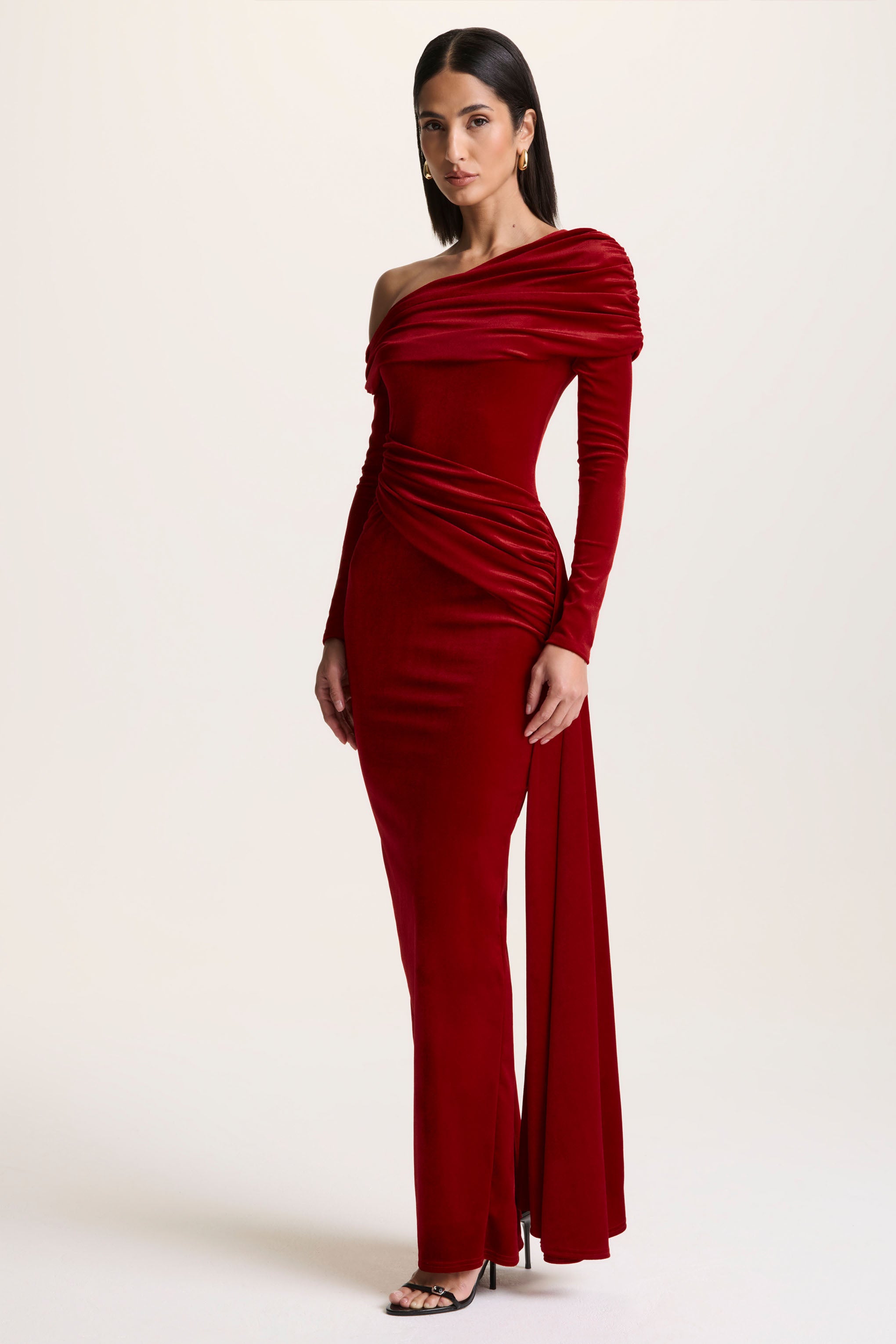 Red Velvet Asymmetric-Neck Maxi Dress With Sash-Detail