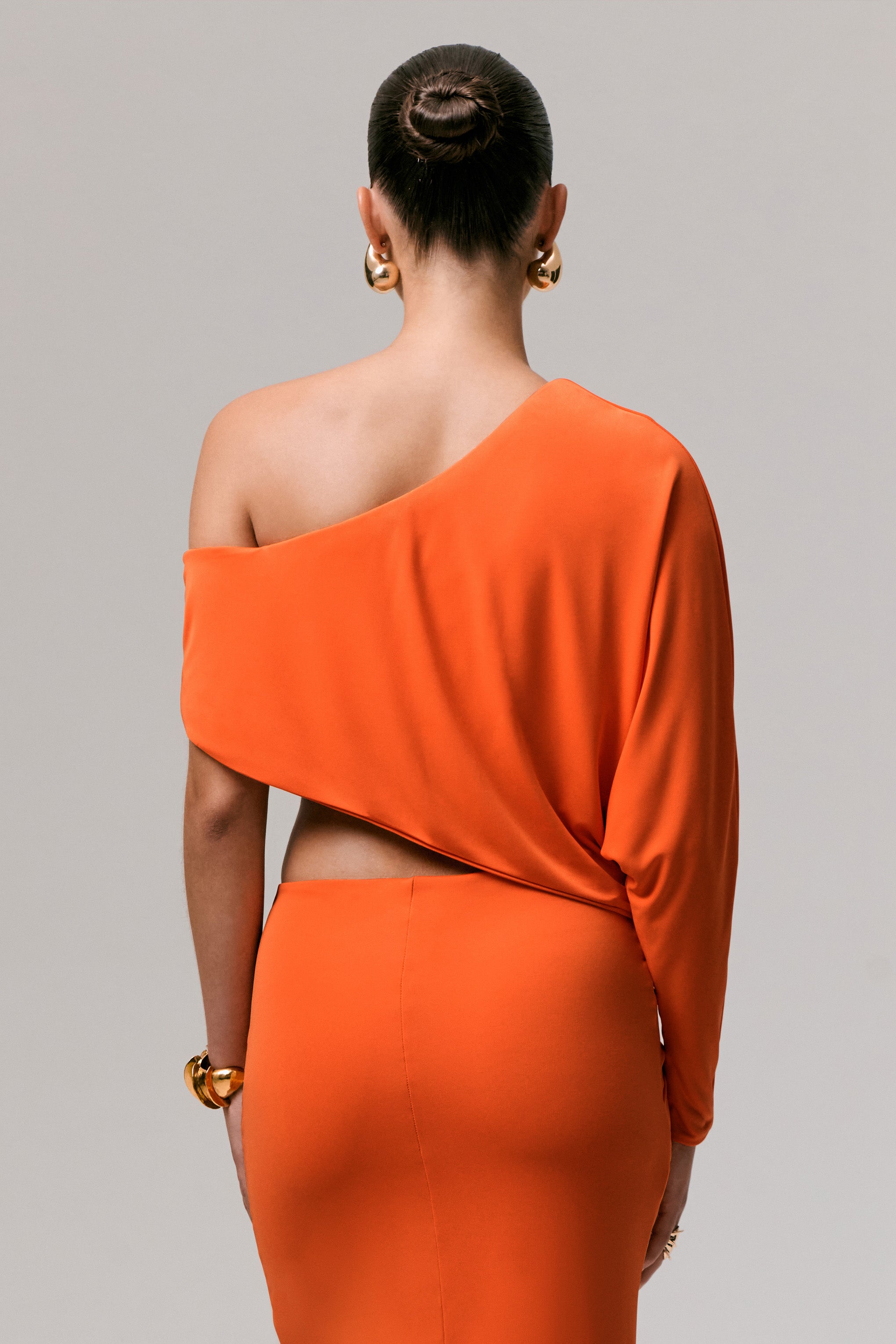 Orange Asymmetric One-Sleeve Draped Top