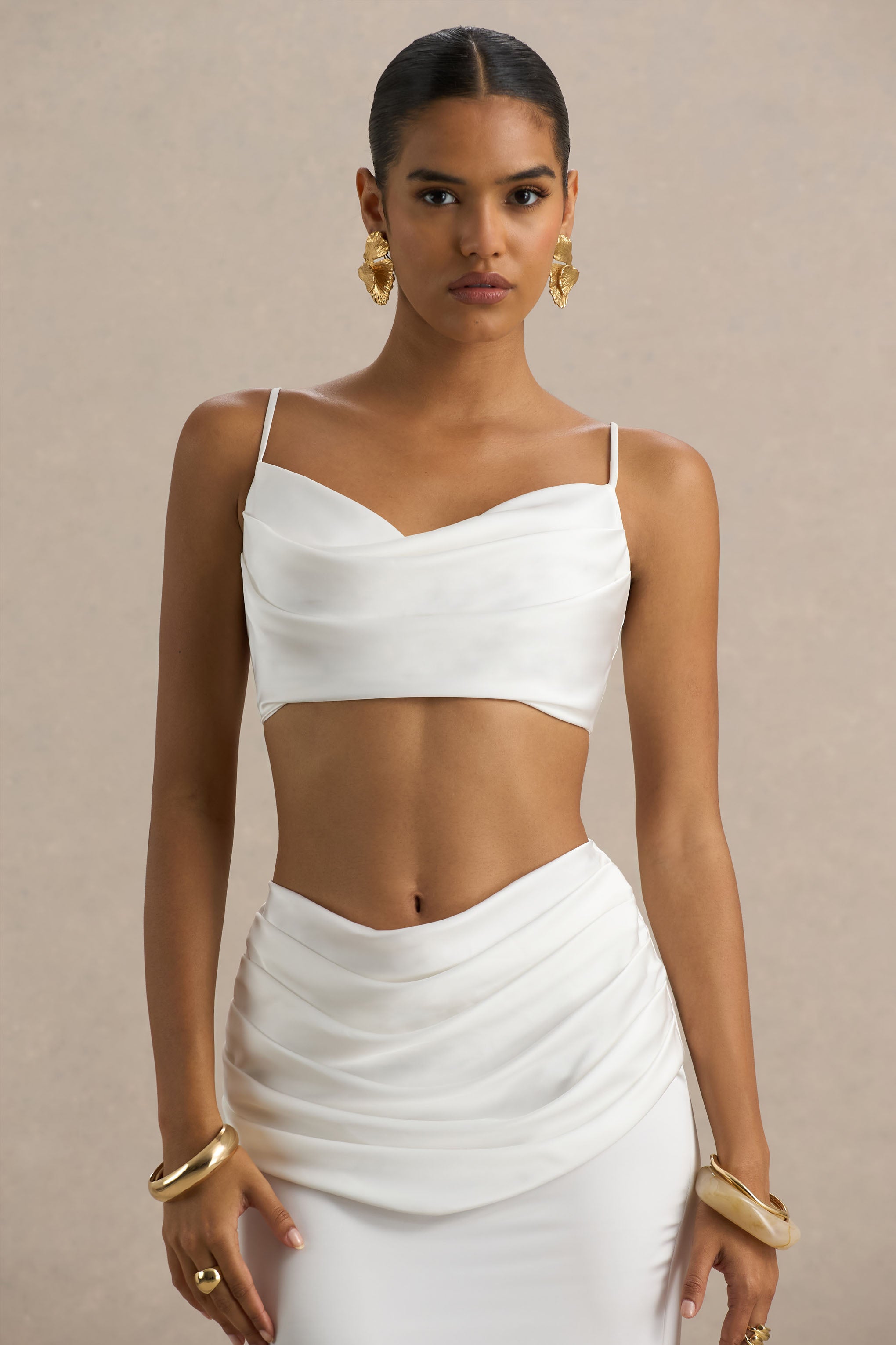 White Ruched Cowl-Neck Crop Top