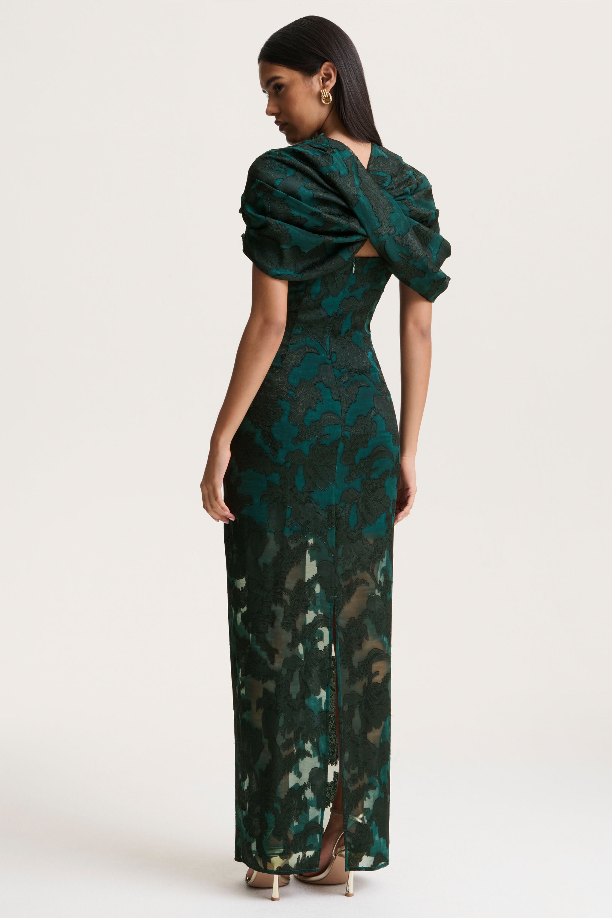 Dark Green Satin Devore Square-Neck Maxi Dress With Removable Twisted-Cape