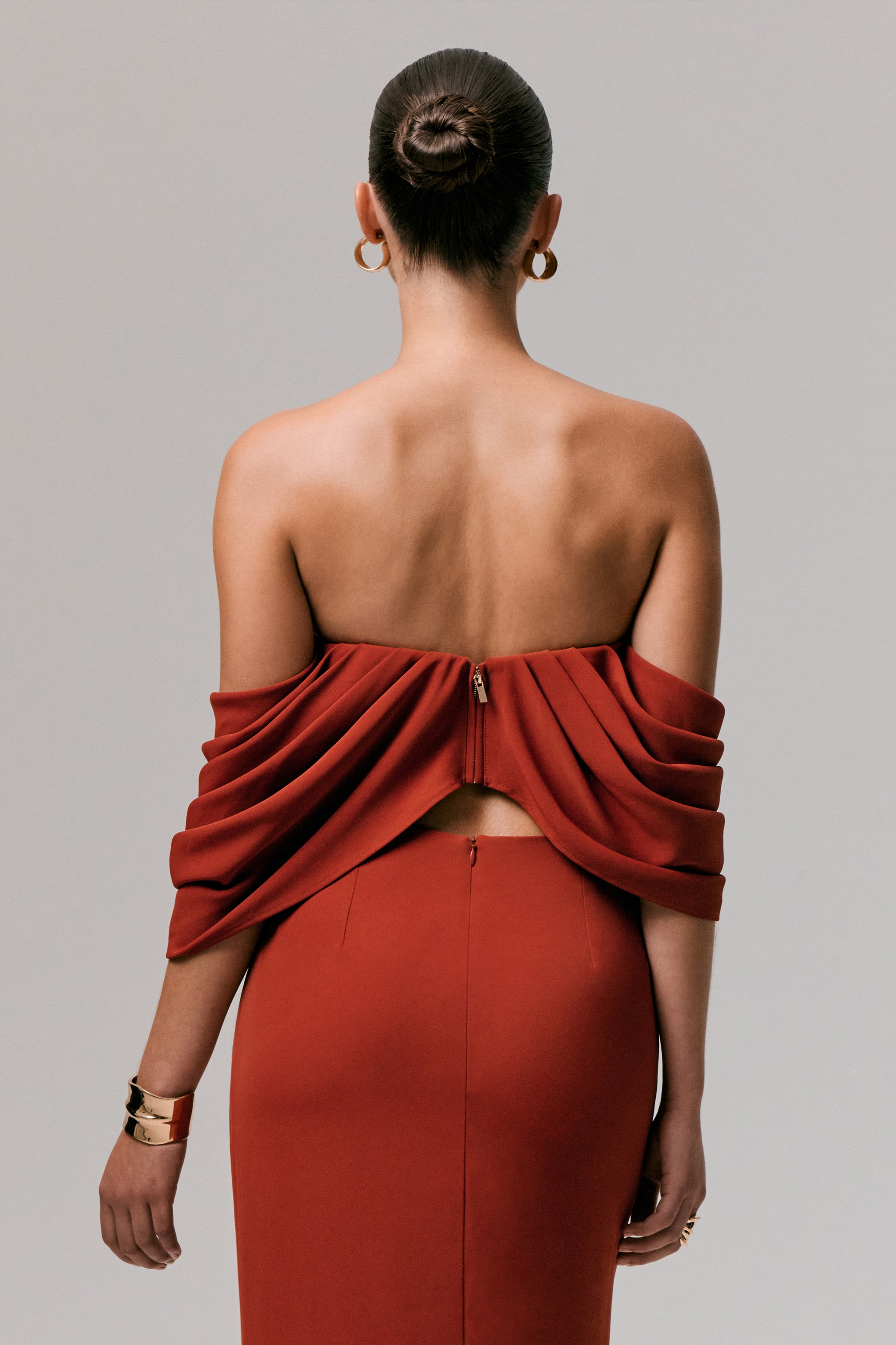  Terracotta Bardot Crop-Top With Draped Sleeves