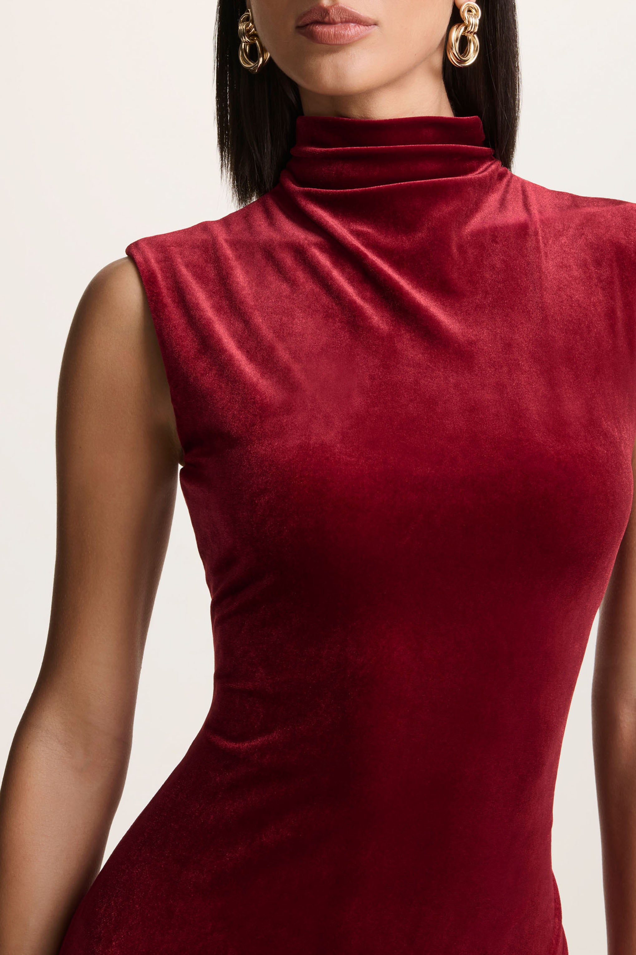 Burgundy Velvet High-Neck Midi Dress With Cap-Sleeves
