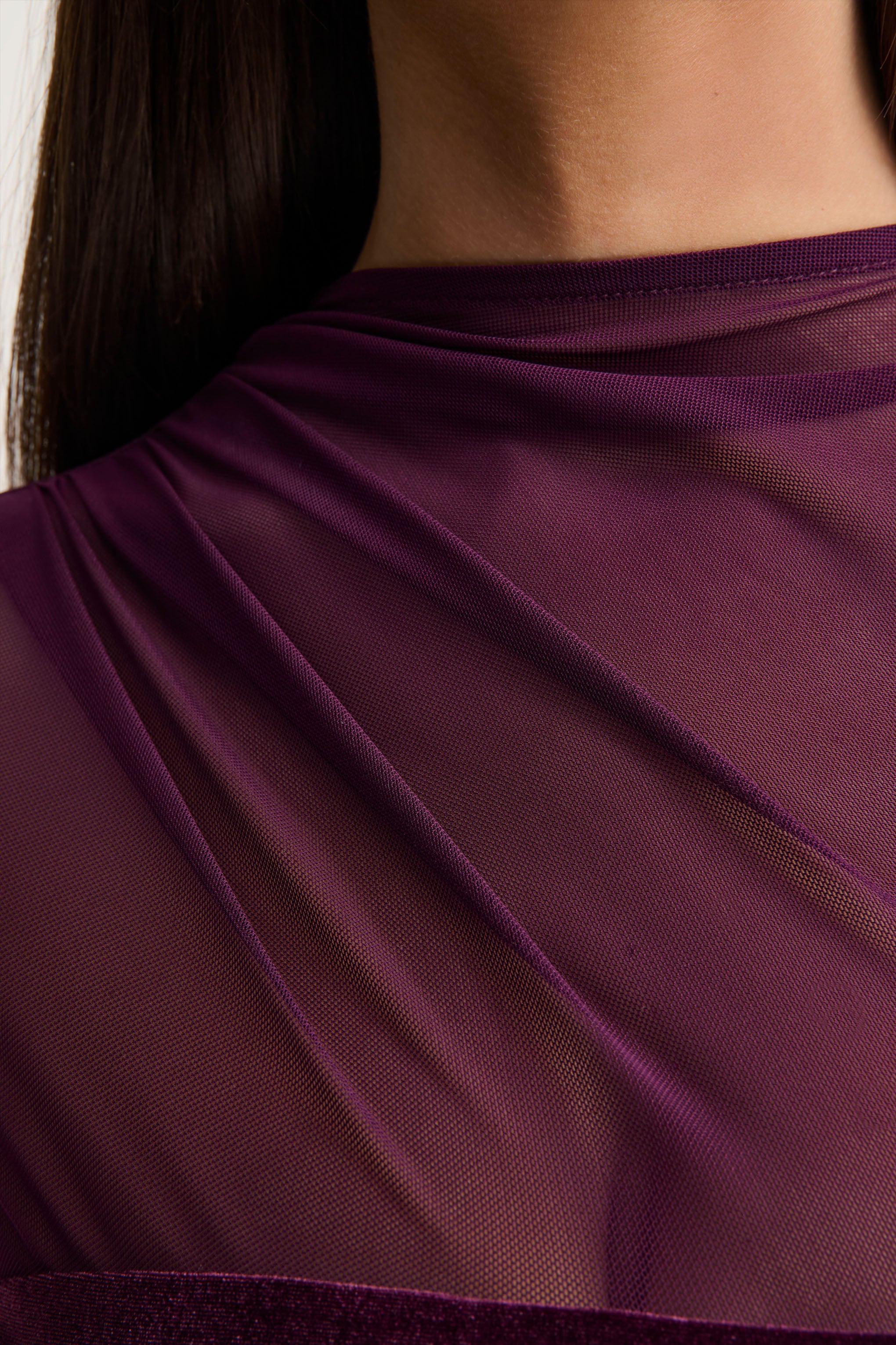Plum Velvet High-Neck Maxi Dress With Draped-Detailing