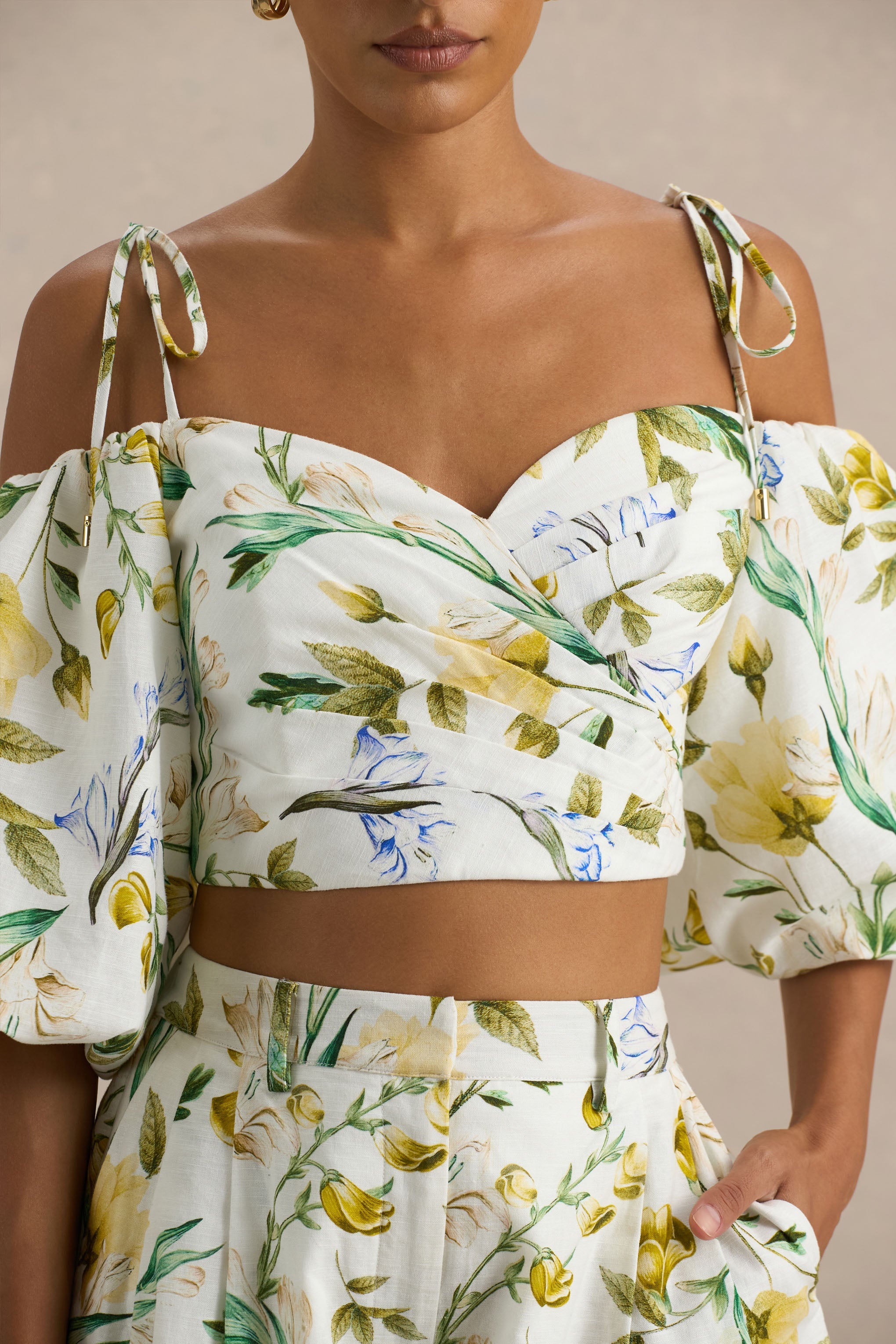  White Linen Botanical Print Plunge-Neck Ruffled Crop Top