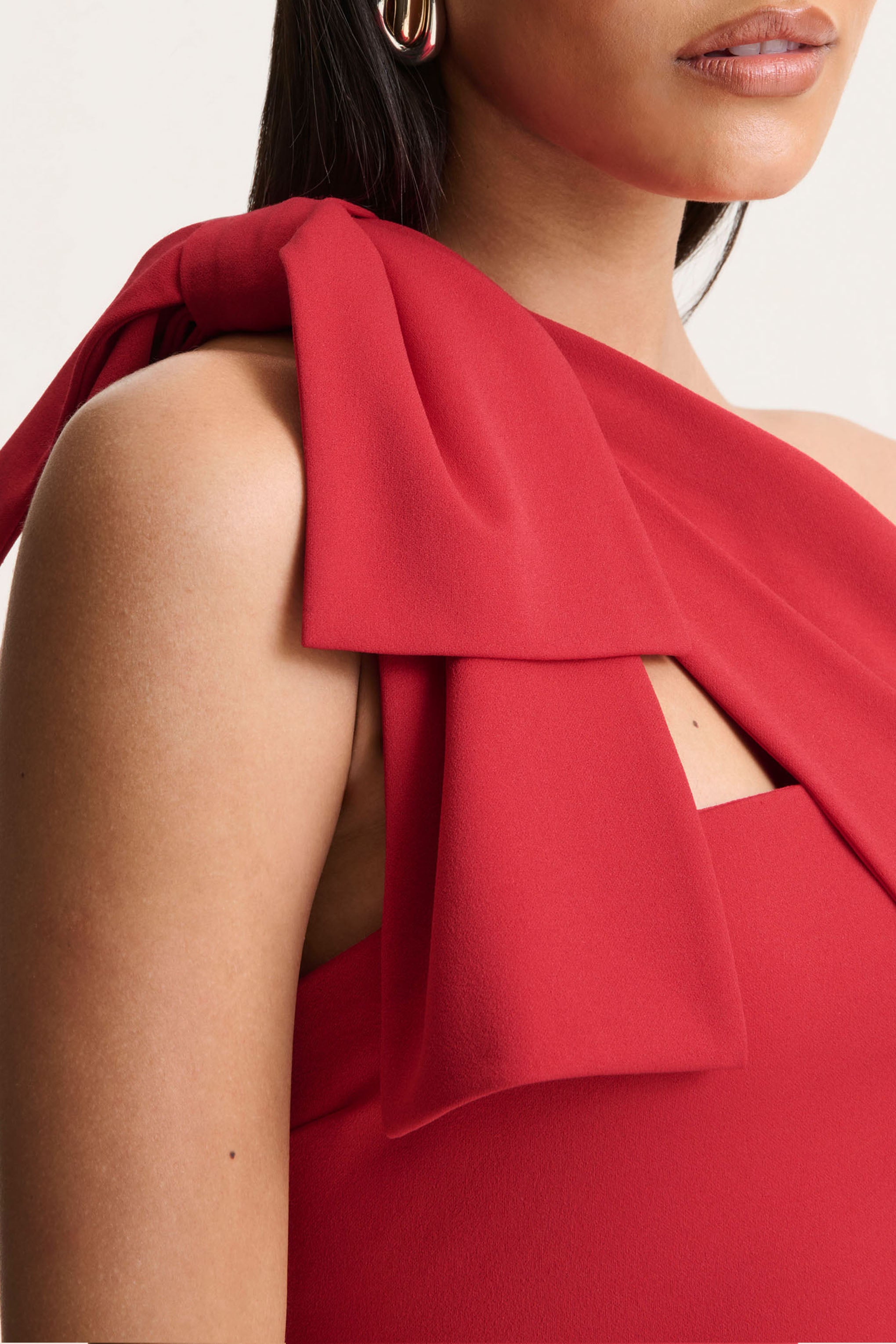  Red Asymmetric-Neck Maxi Dress With Bow-Detail