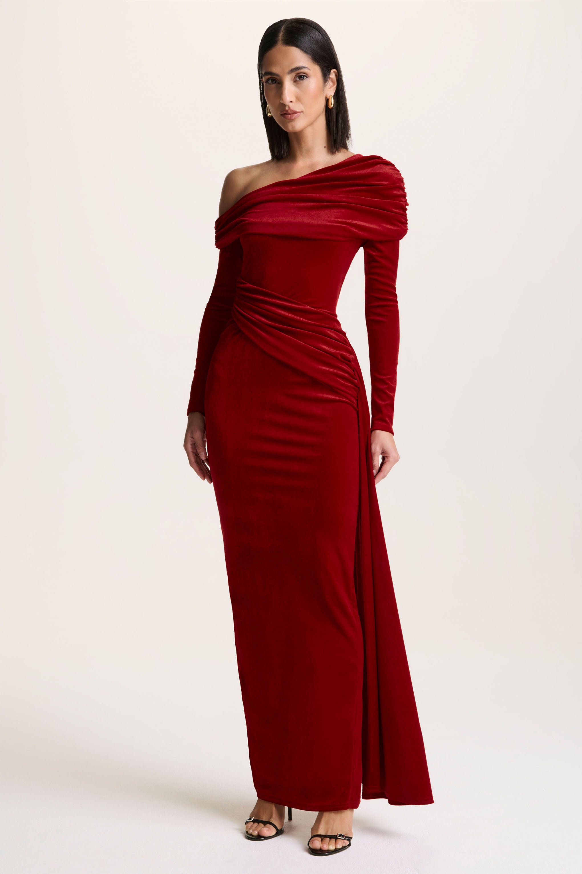 Red Velvet Asymmetric-Neck Maxi Dress With Sash-Detail