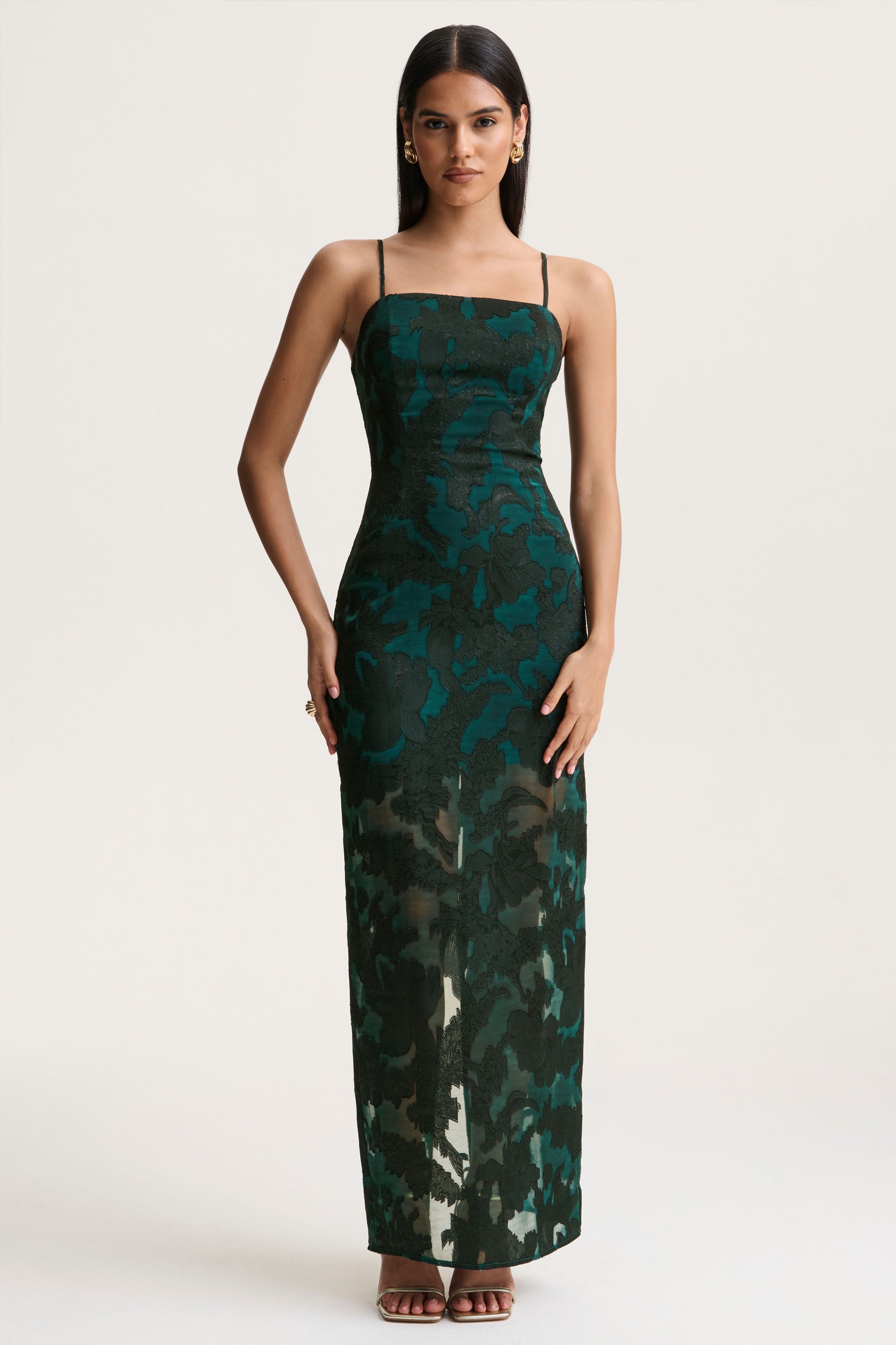 Dark Green Satin Devore Square-Neck Maxi Dress With Removable Twisted-Cape