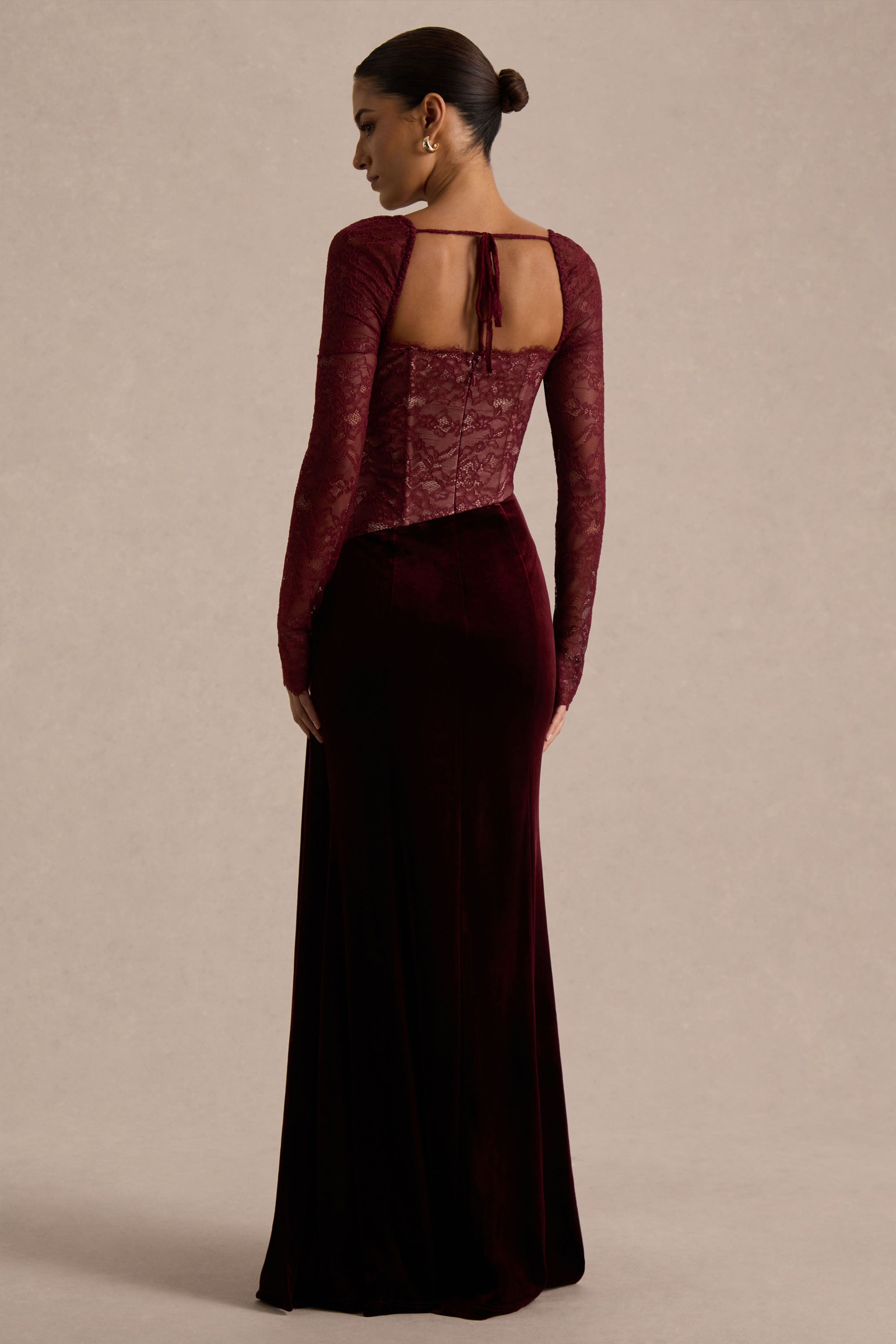  Burgundy Lace And Velvet Square-Neck Maxi Dress With Draped Skirt