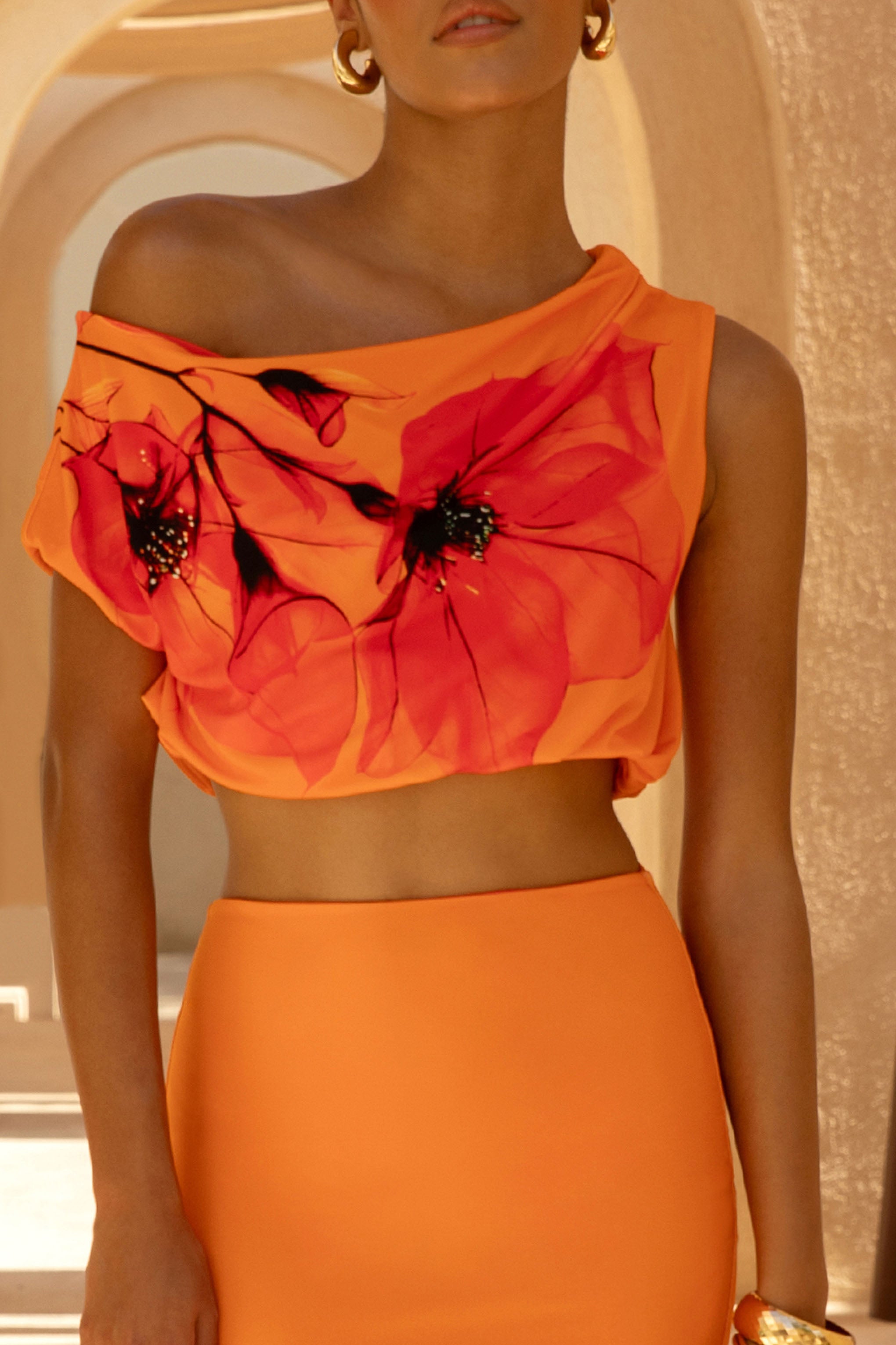 Orange And Red Placement Floral Print Asymmetric Crop-Top
