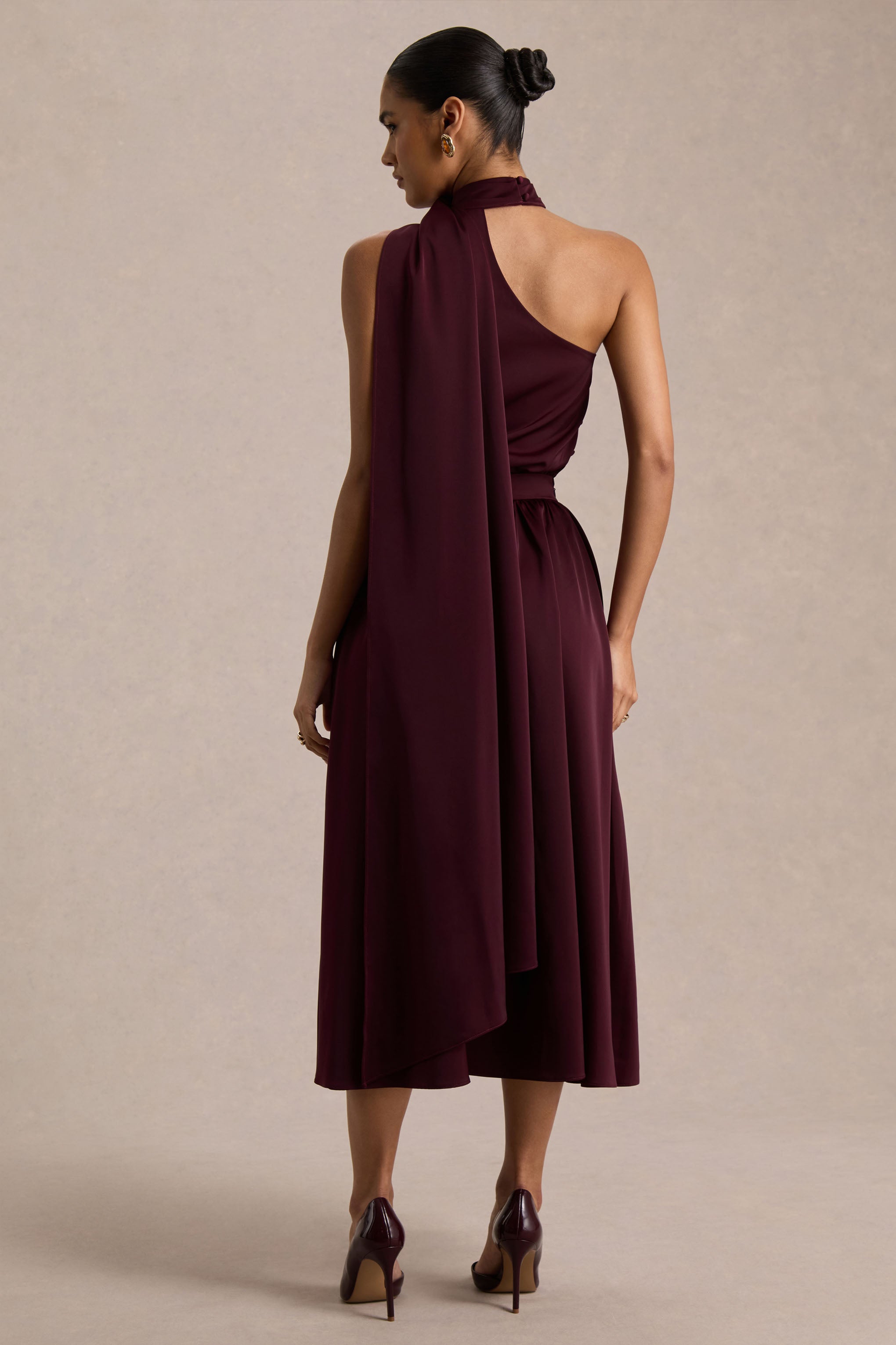  Burgundy Satin Asymmetric-Neck Midi Dress With Scarf-Detail