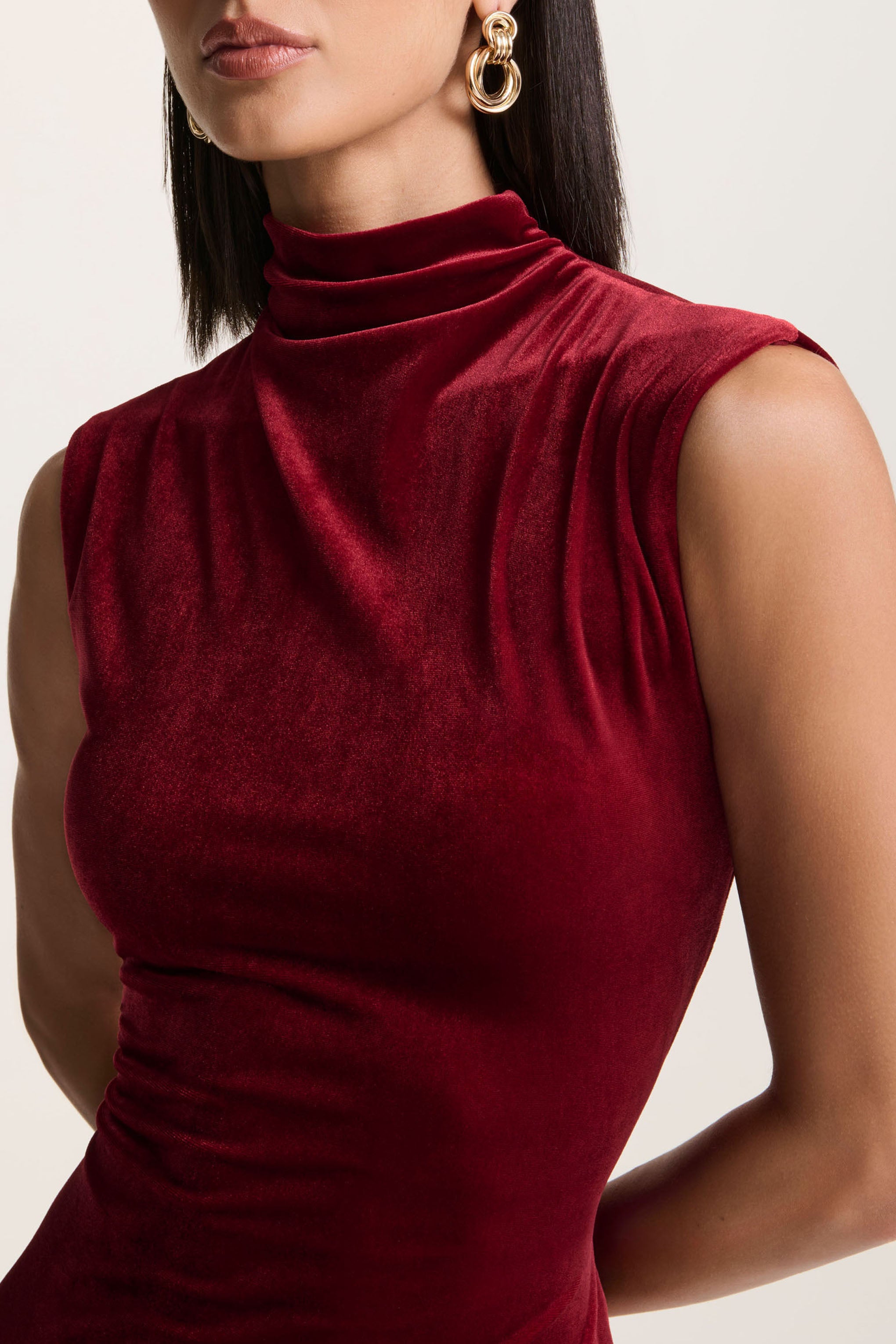 Burgundy Velvet High-Neck Midi Dress With Cap-Sleeves