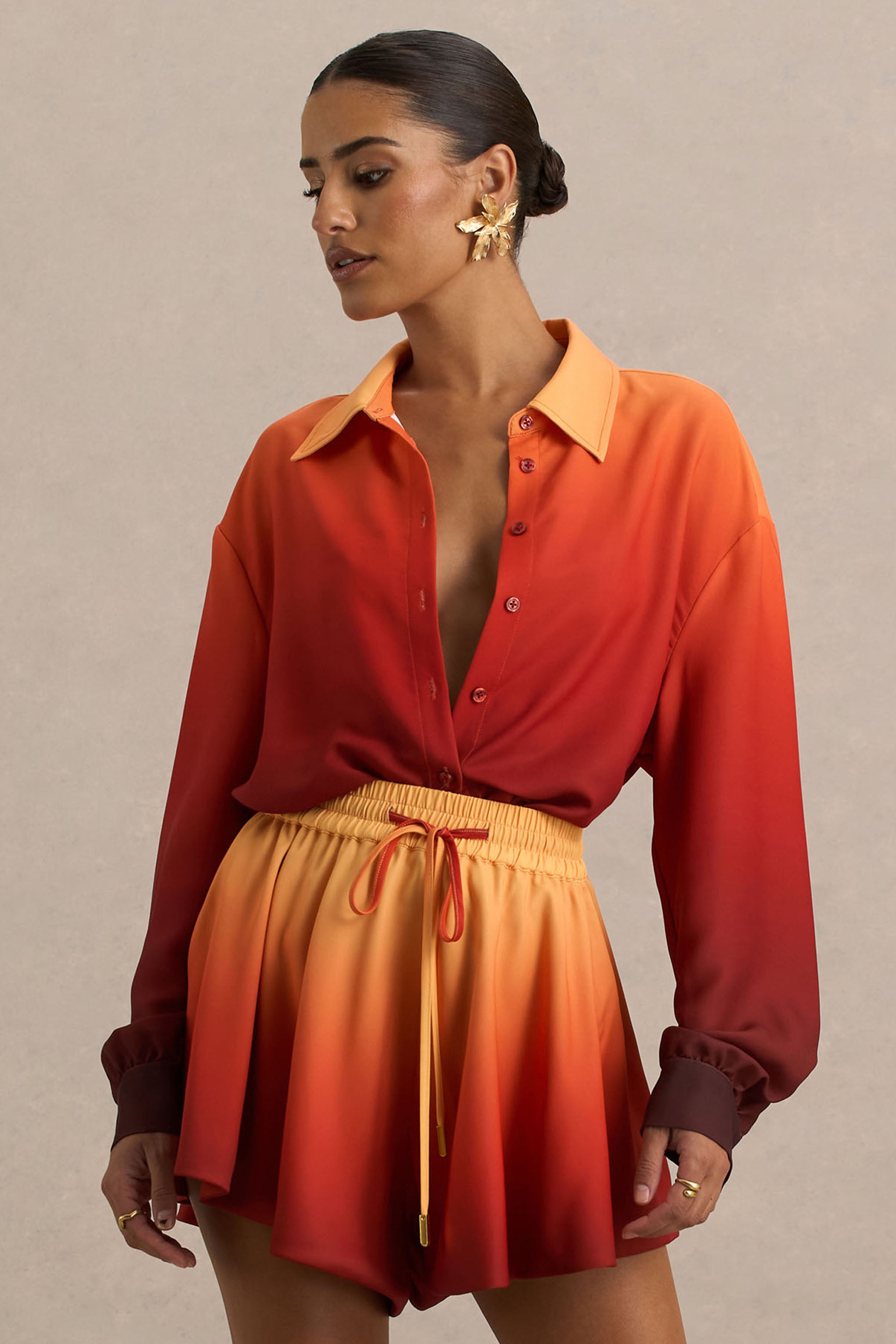  Ombre Satin Shirt with Plunge Neckline