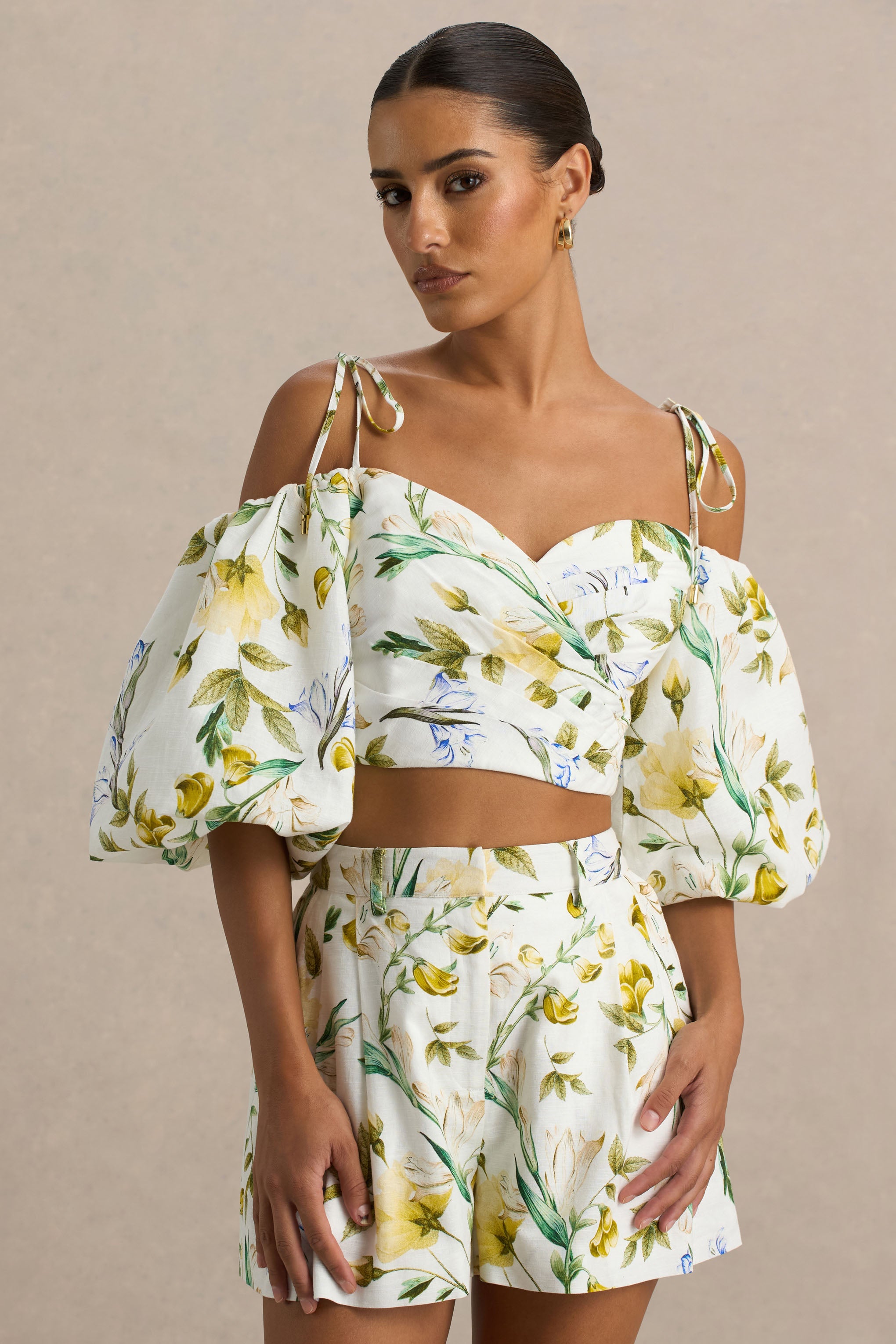  White Linen Botanical Print Plunge-Neck Ruffled Crop Top