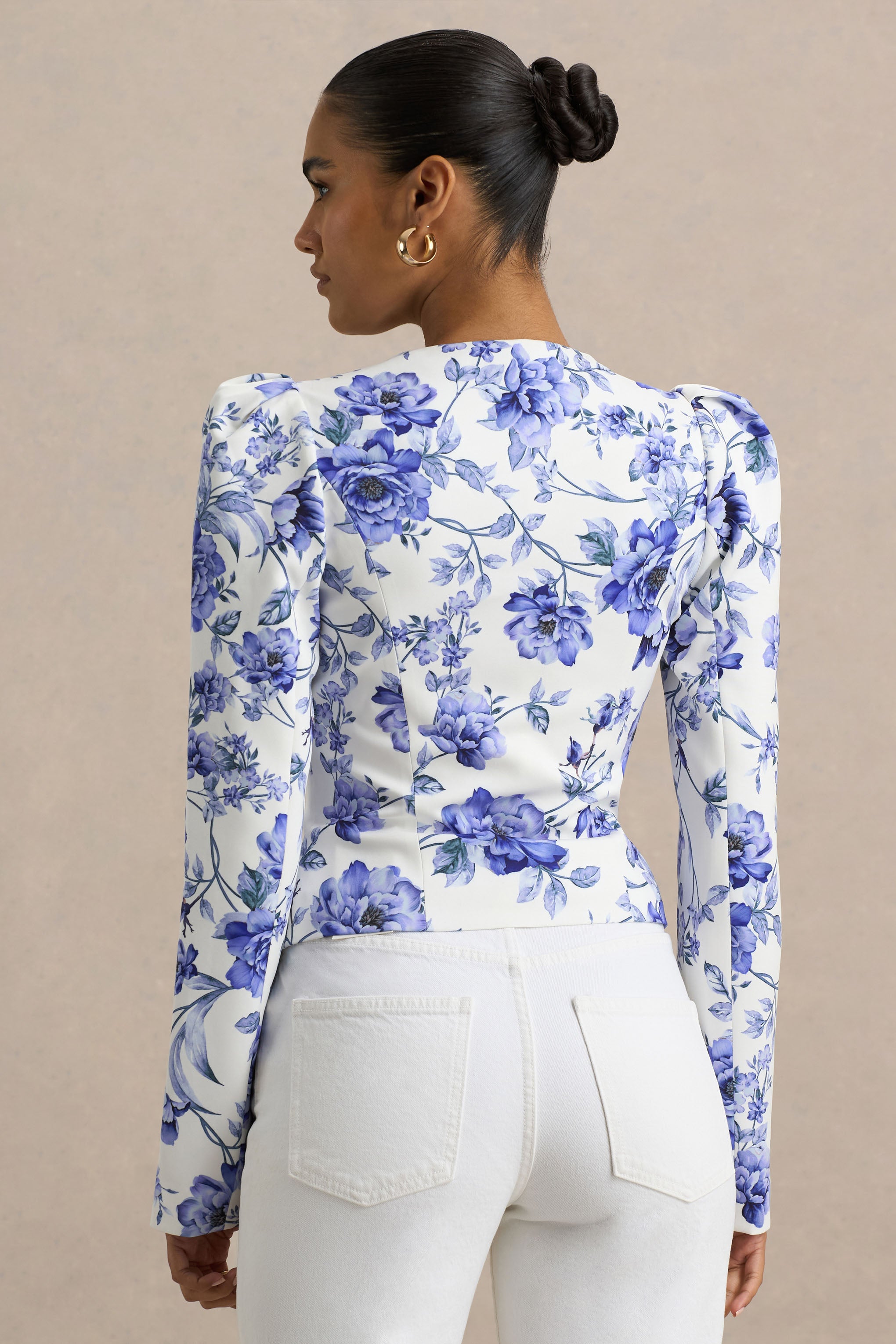 Blue Floral Print Sweetheart-Neck Tailored Top