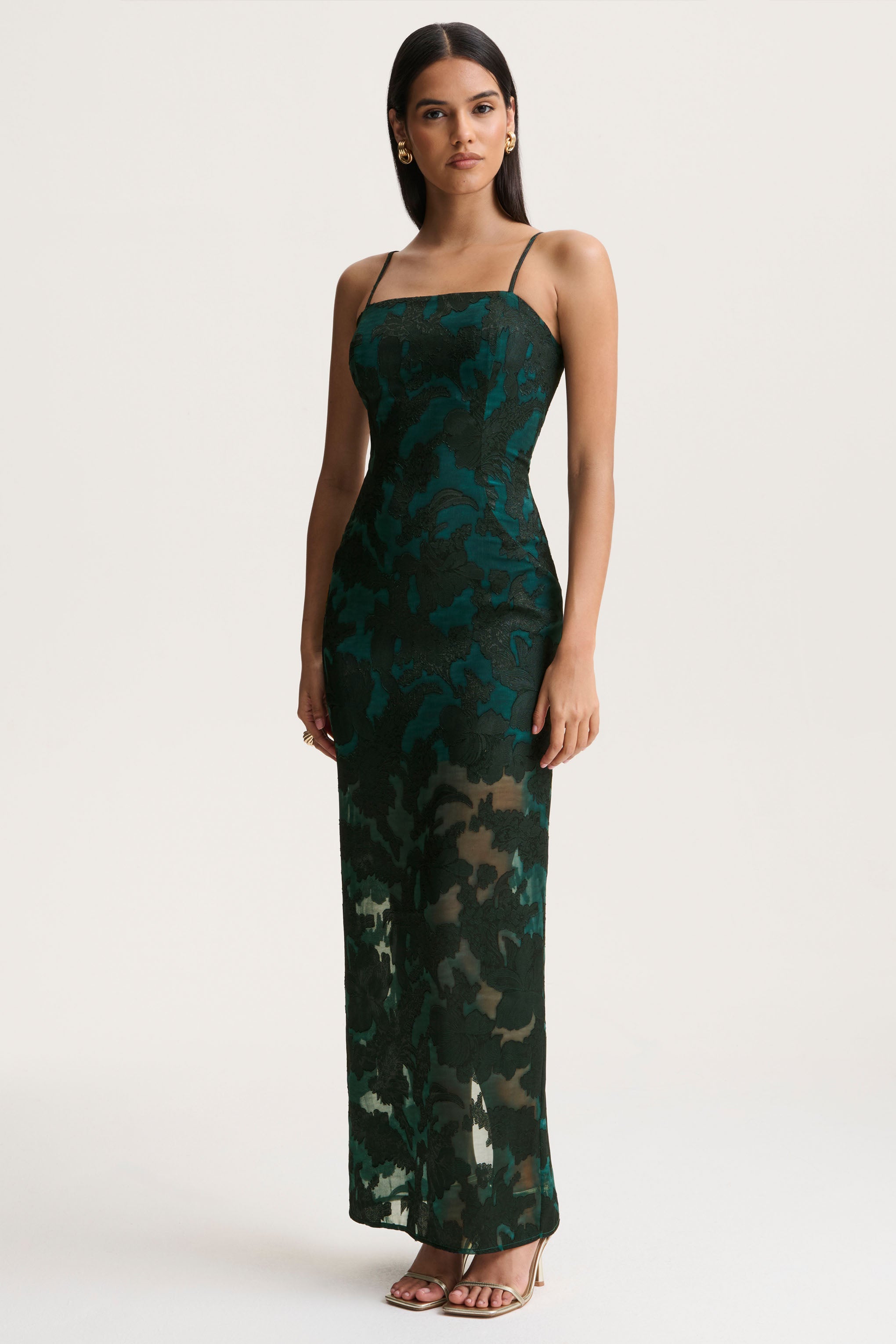 Dark Green Satin Devore Square-Neck Maxi Dress With Removable Twisted-Cape