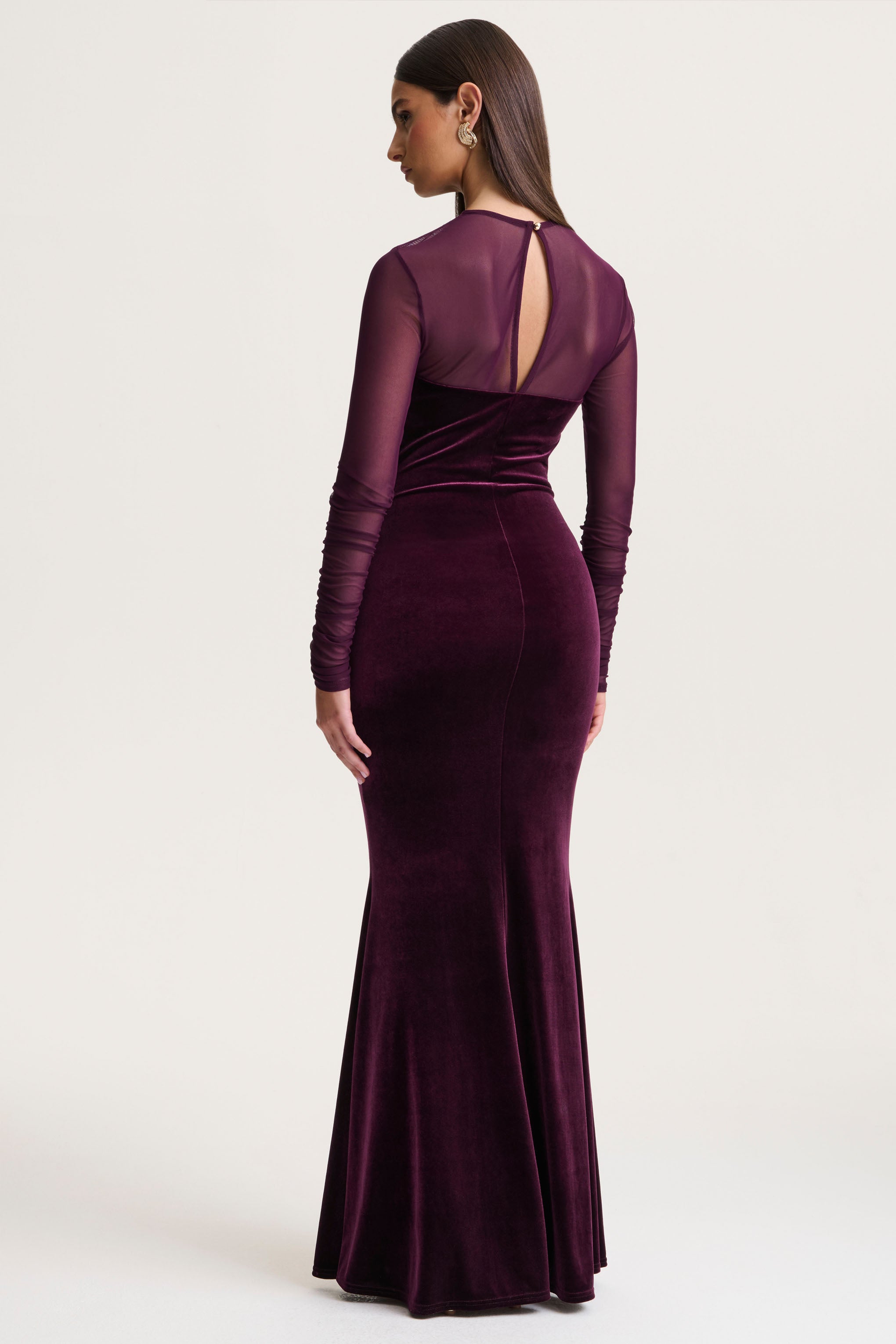 Plum Velvet High-Neck Maxi Dress With Draped-Detailing