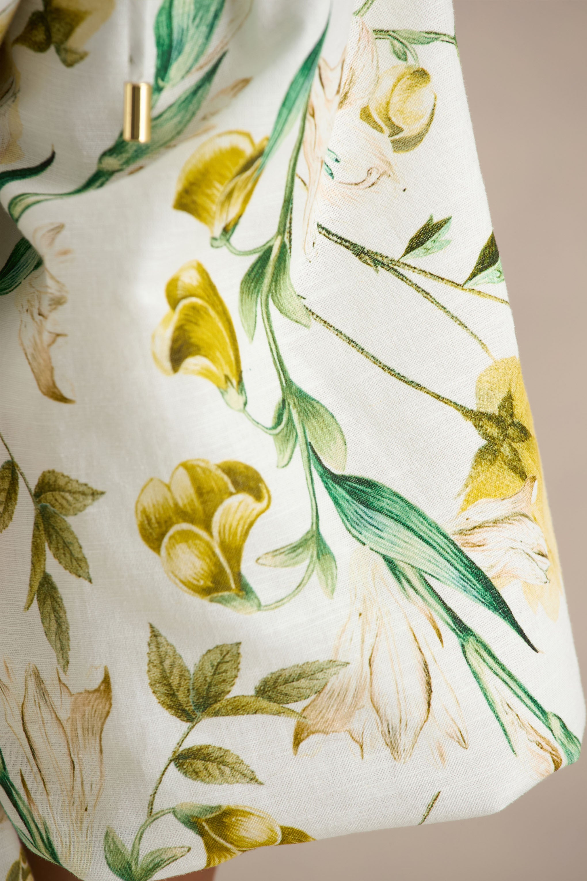  White Linen Botanical Print Plunge-Neck Ruffled Crop Top