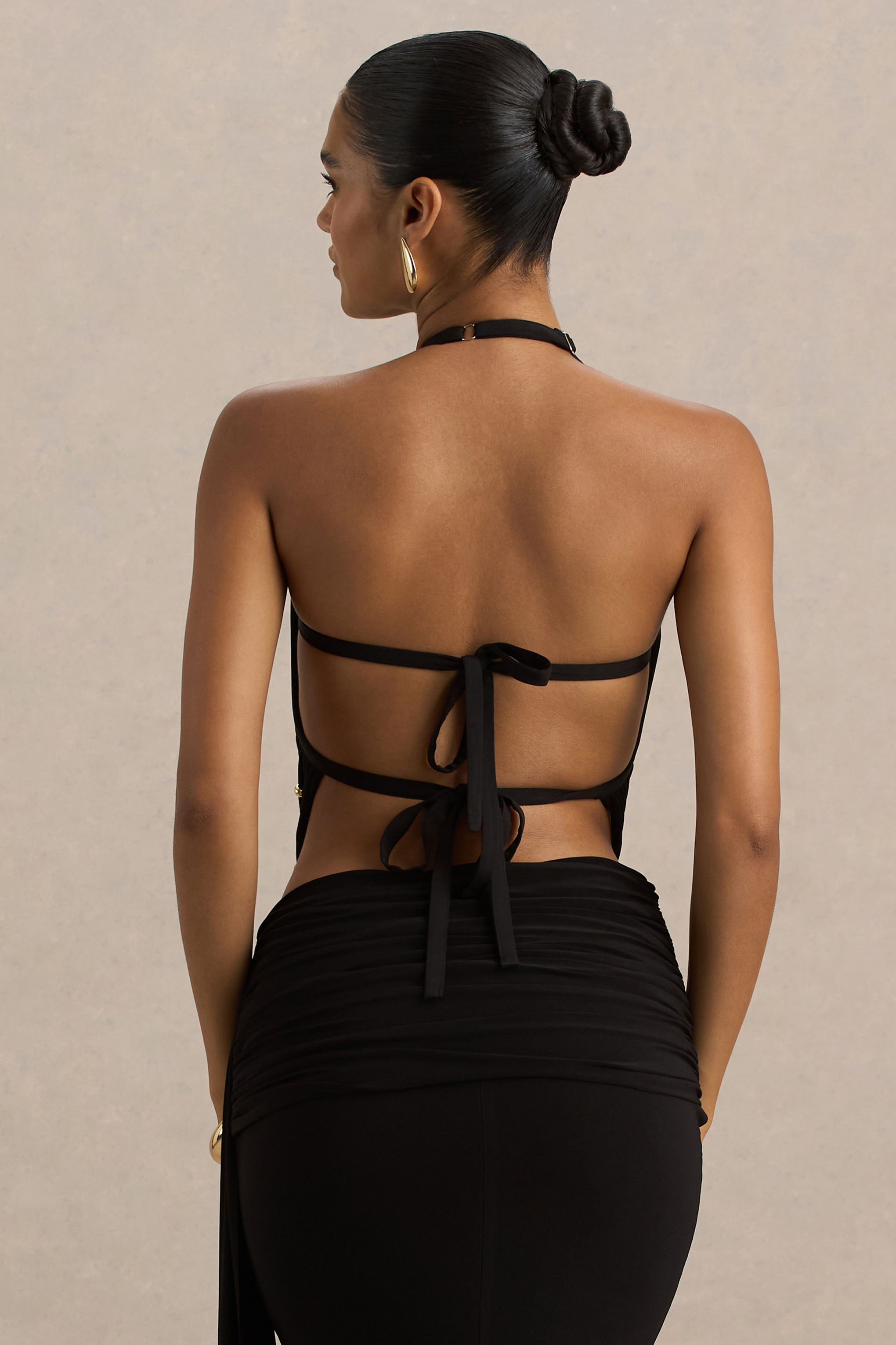 Black High-Neck Embellished Top With Cut-Outs