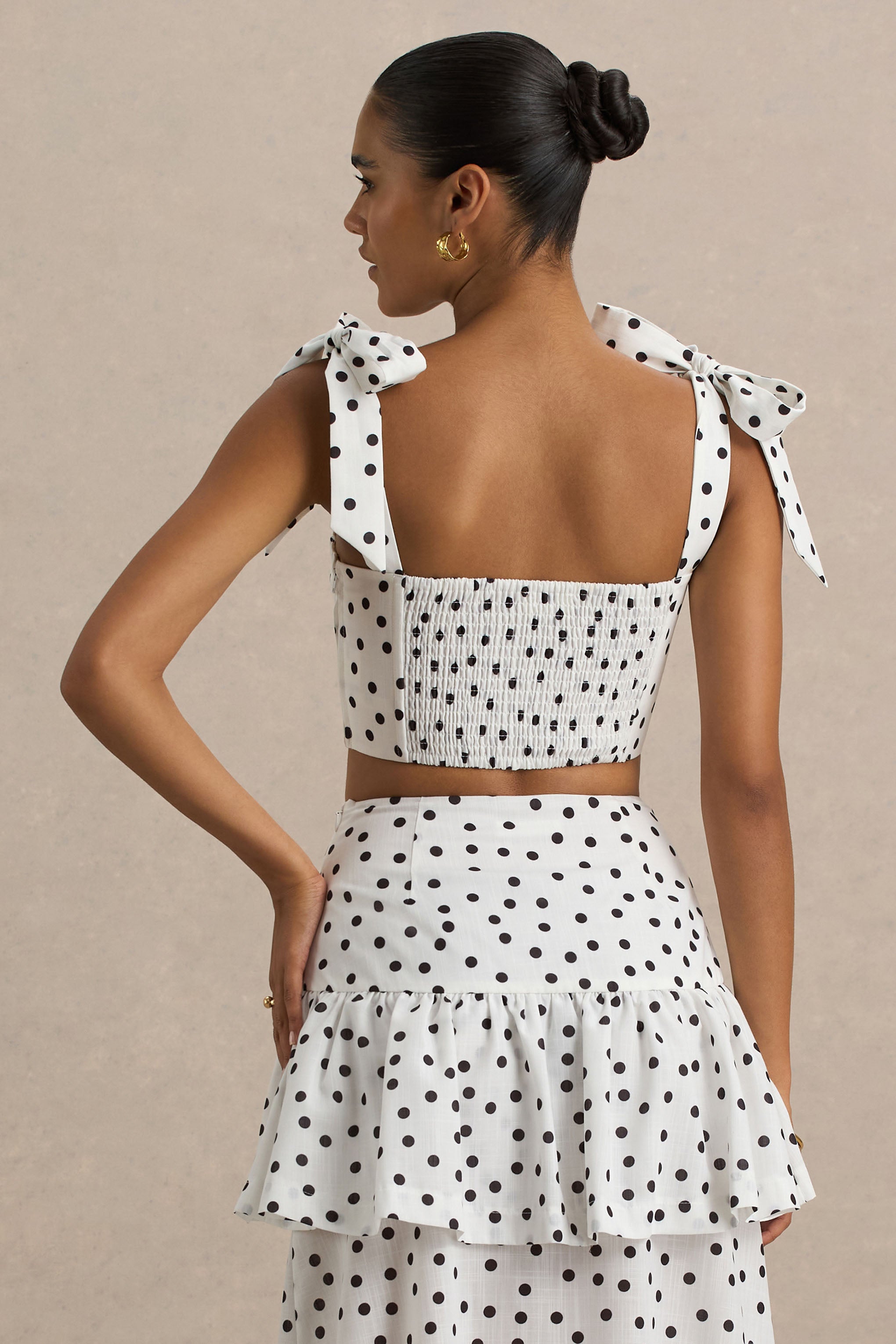 White Polka Dot Corset Sweetheart Top With Bow Straps