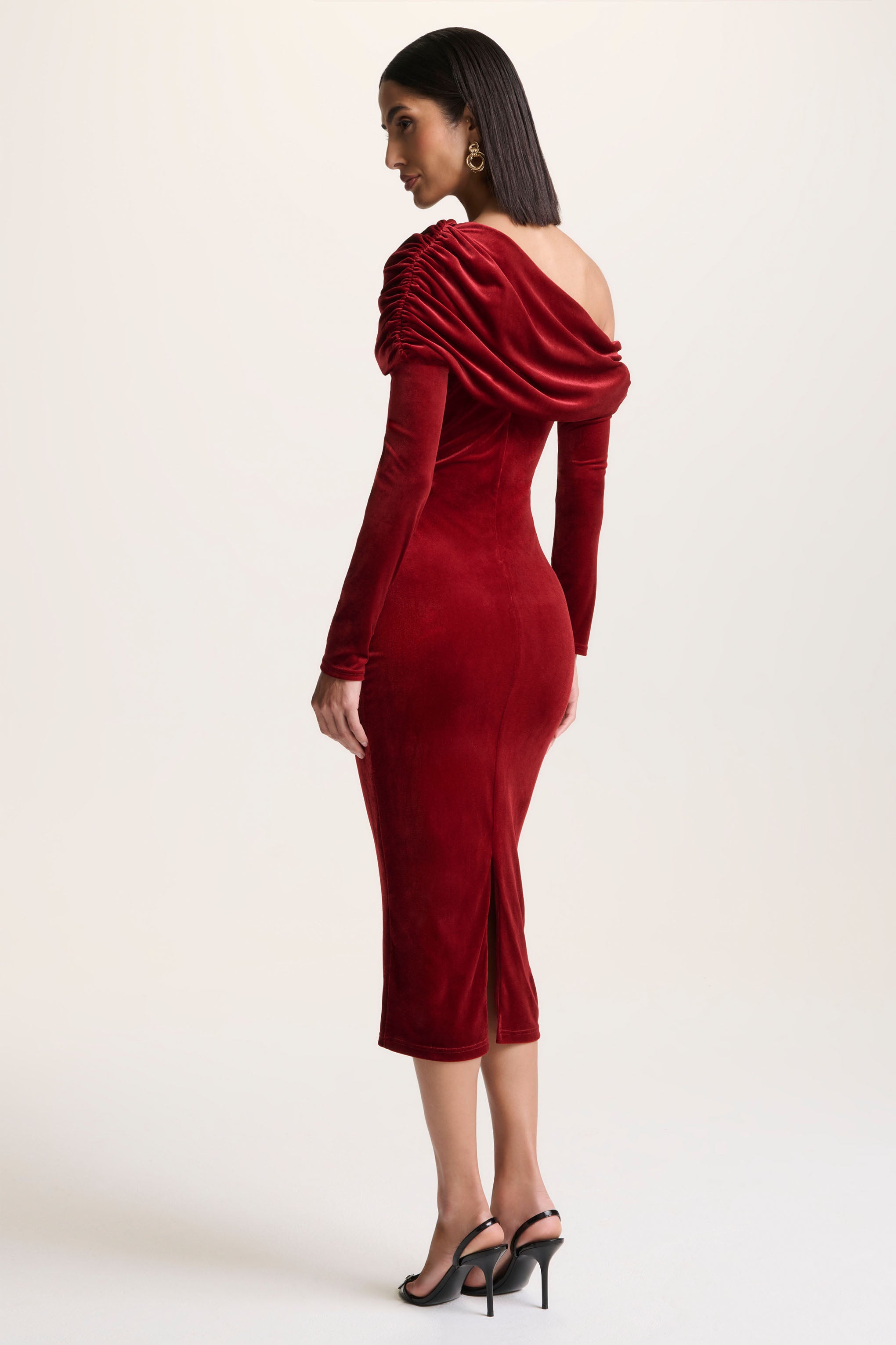  Berry Velvet Asymmetric-Neck Midi Dress
