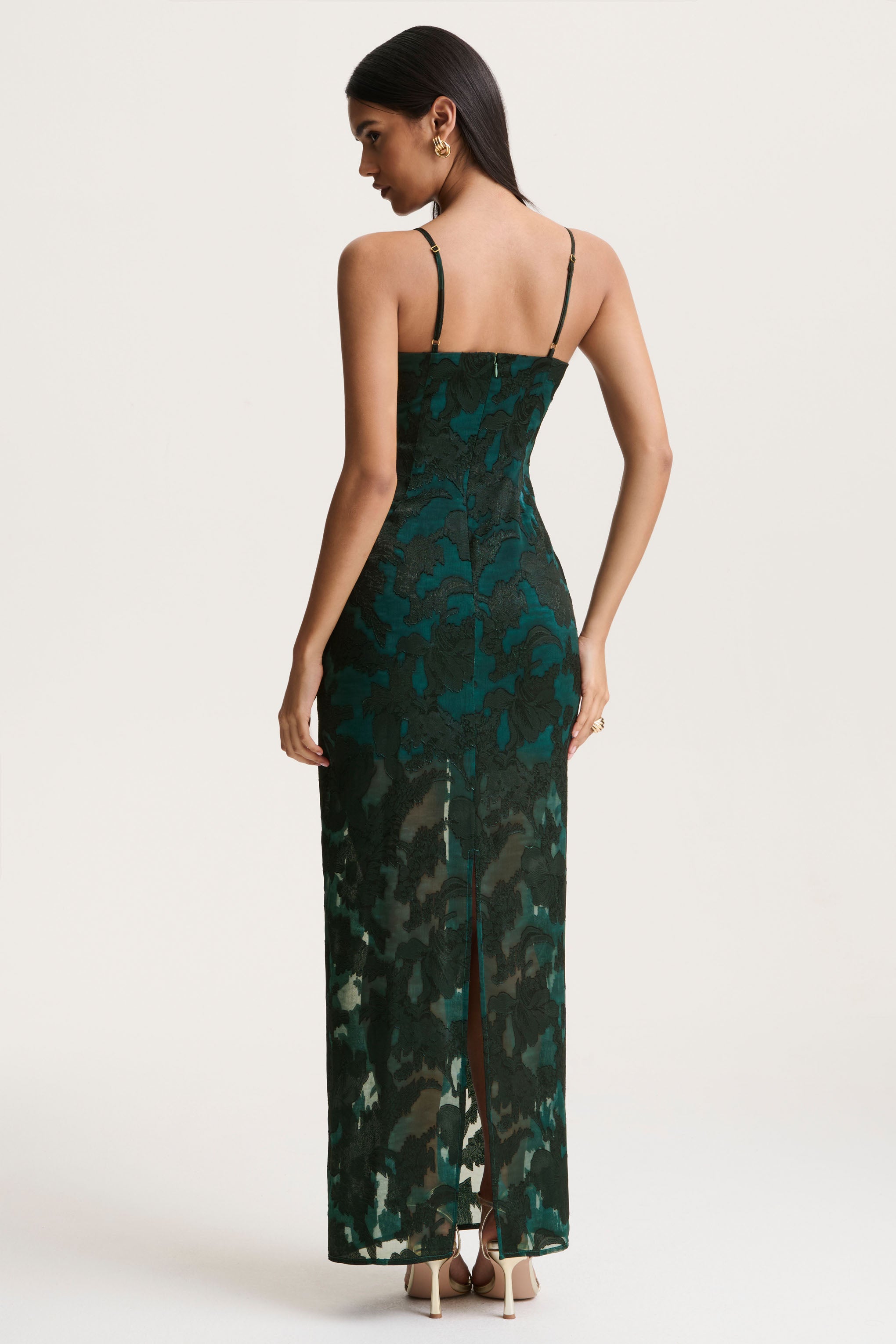Dark Green Satin Devore Square-Neck Maxi Dress With Removable Twisted-Cape