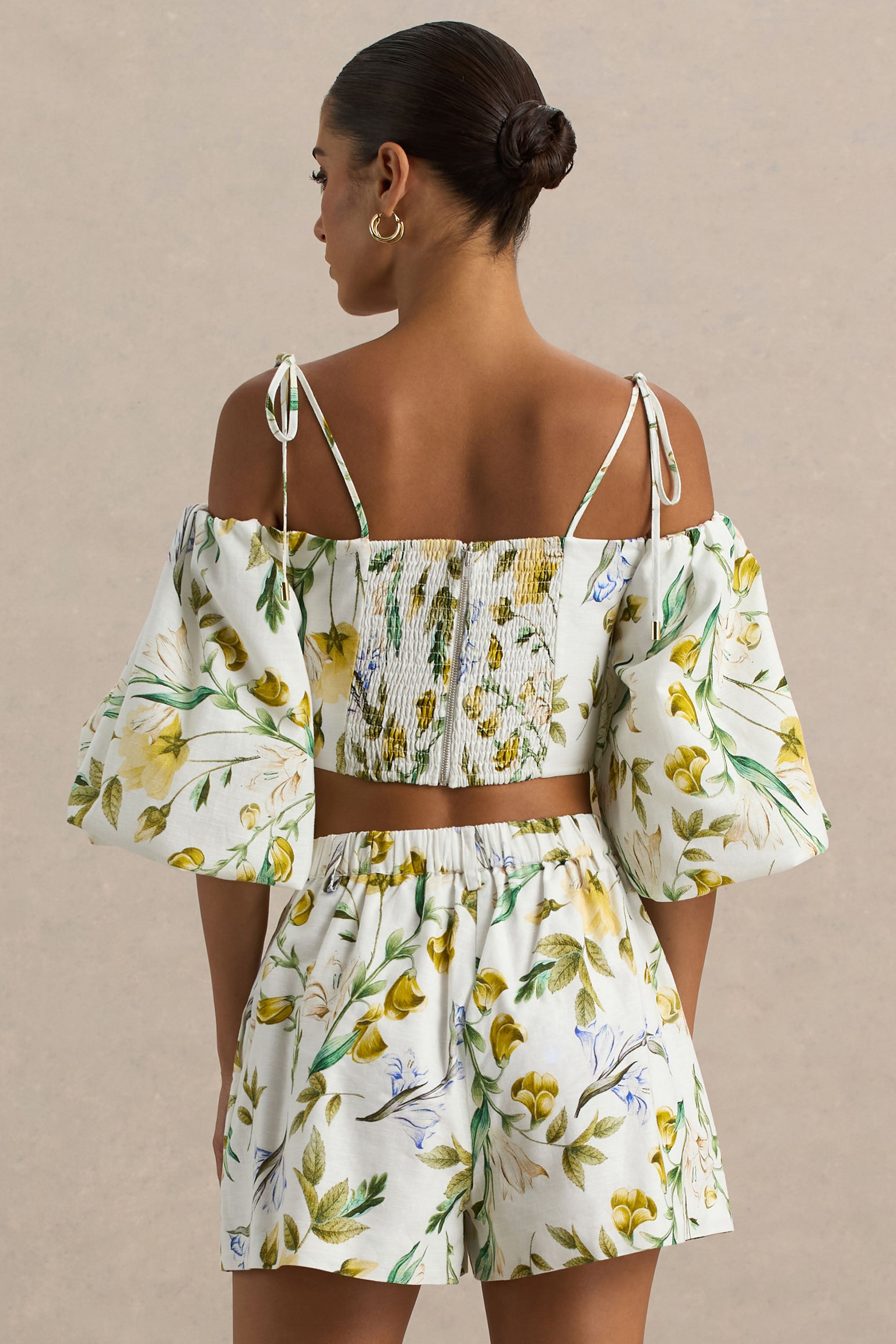  White Linen Botanical Print Plunge-Neck Ruffled Crop Top