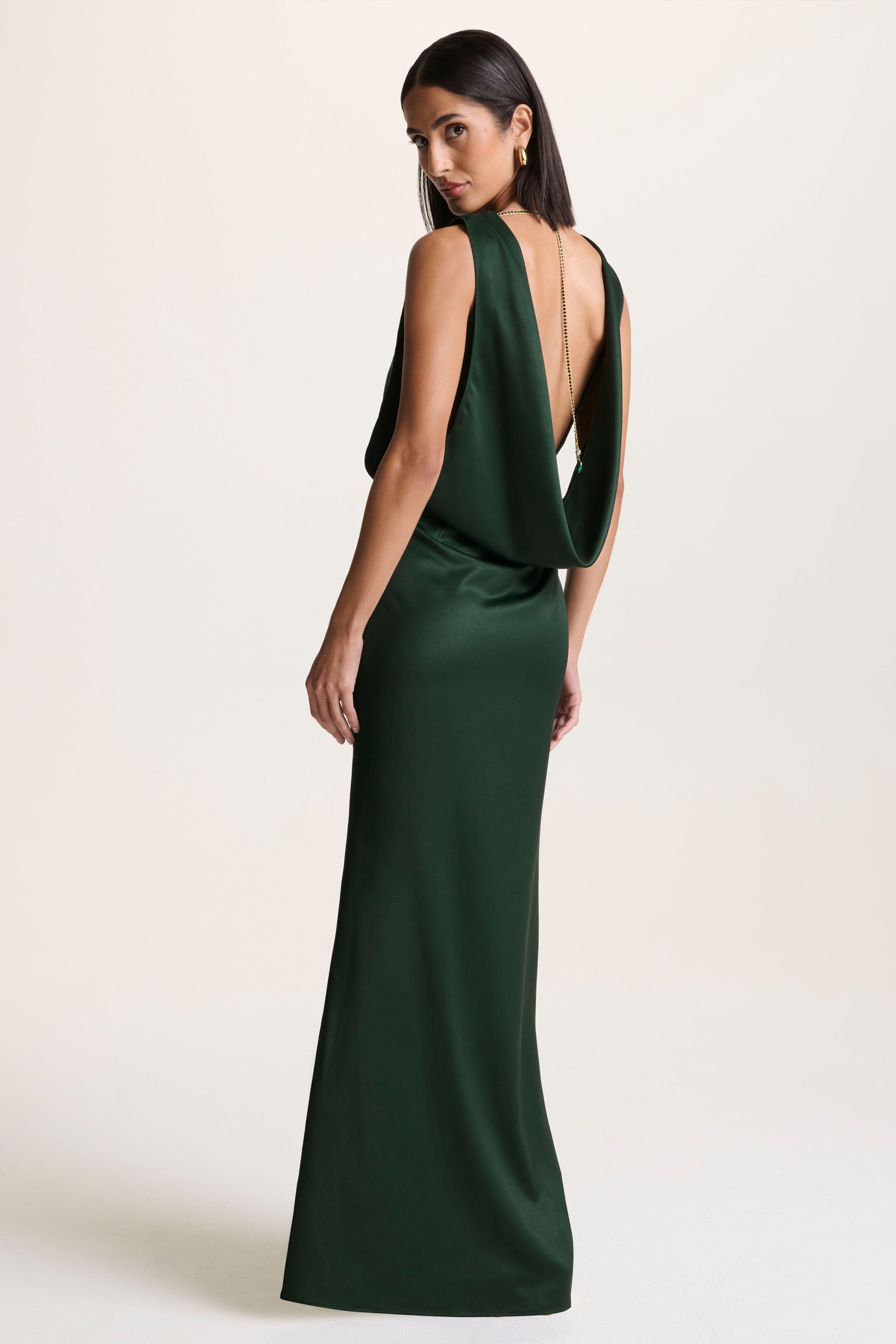  Dark Green Slashed-Neck Maxi Dress With Open-Back And Embellished Detail