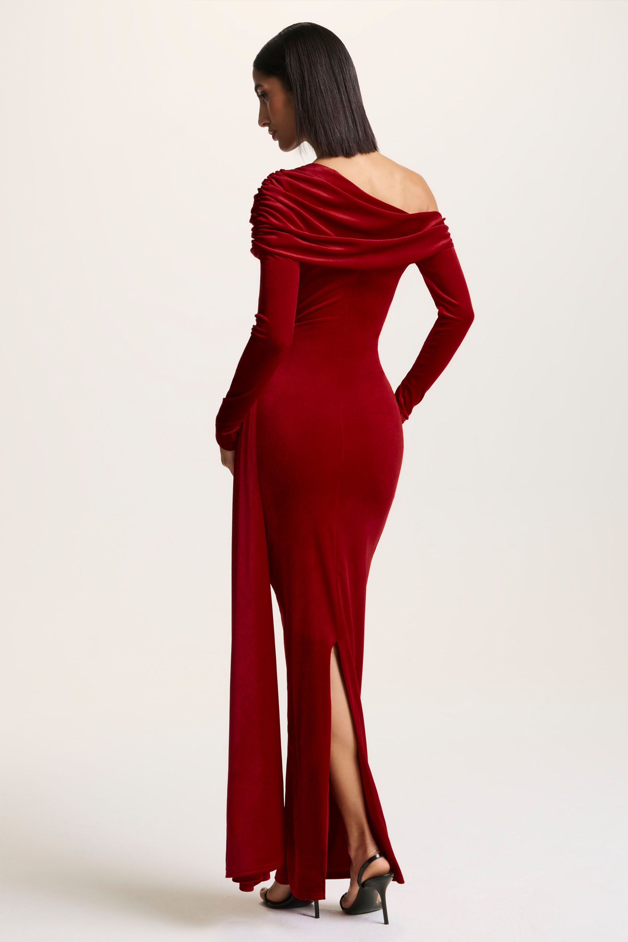 Red Velvet Asymmetric-Neck Maxi Dress With Sash-Detail