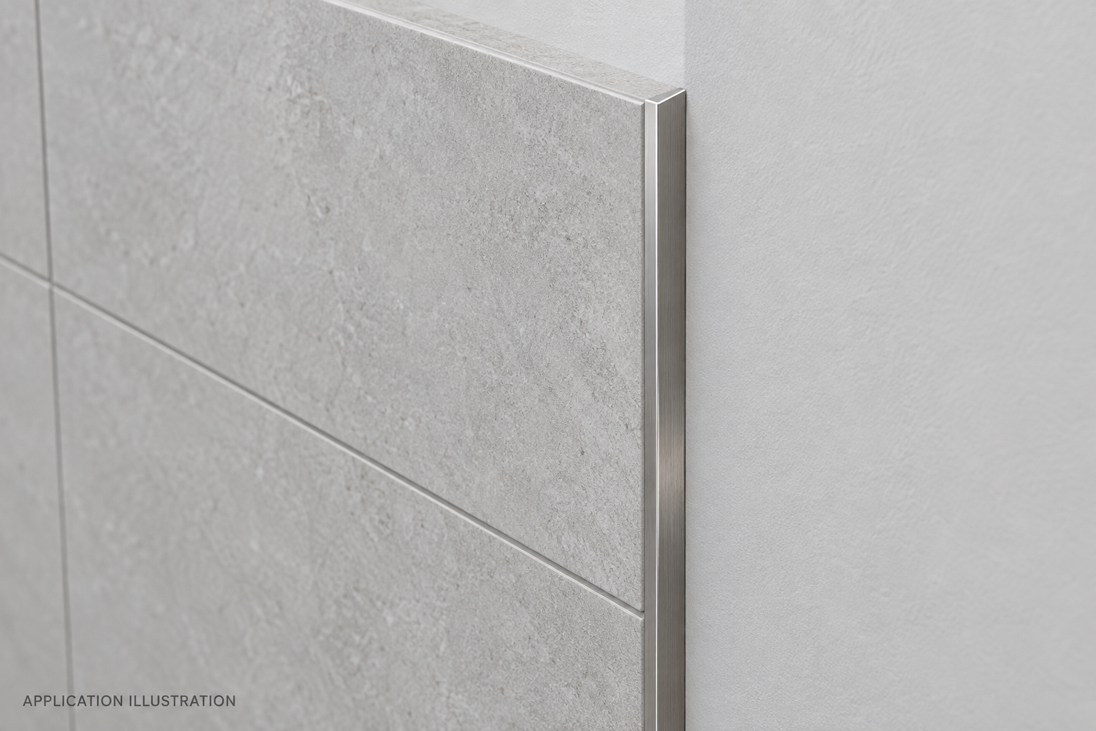 Application illustration of stainless steel tile trim finishing the vertical edge of a tiled wall