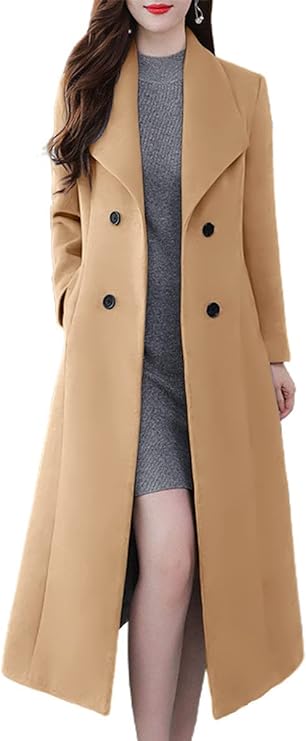 Women's Shawl Collar Double Breasted Below Knee Slim Wool Trench Long Coat