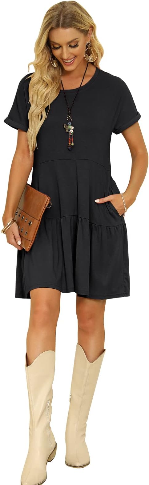 Women's Summer Short Sleeve Crew Neck T Shirt Dress Casual Loose Swing Dress with Pocket