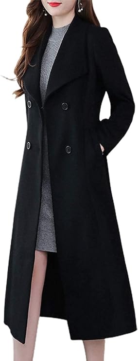 Women's Shawl Collar Double Breasted Below Knee Slim Wool Trench Long Coat