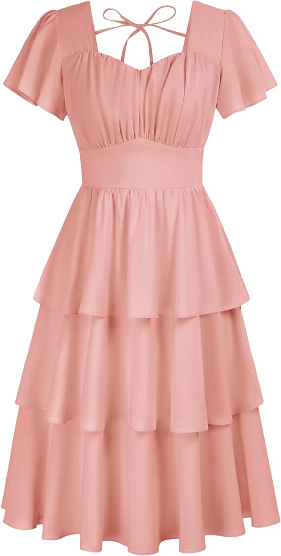 Women's Square Neck Tiered Ruffle Dress 2023 Summer Vintage Short Sleeve Layered A-line Swing Midi Dress