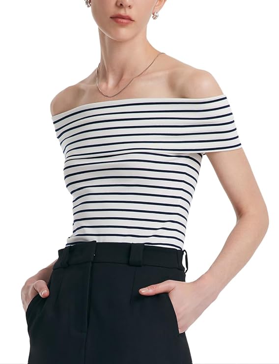 Women's Off Shoulder Short Sleeve Blue Stripe Knit T Shirt 2024 Dressy White Slim Fit Business Casual Tops for Women