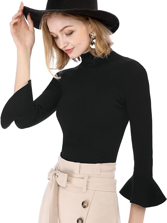 Women's Ruffle Sleeves Pullover Turtleneck Stretchy Knit Sweater Slim Fit Shirt