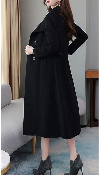 Women's Shawl Collar Double Breasted Below Knee Slim Wool Trench Long Coat