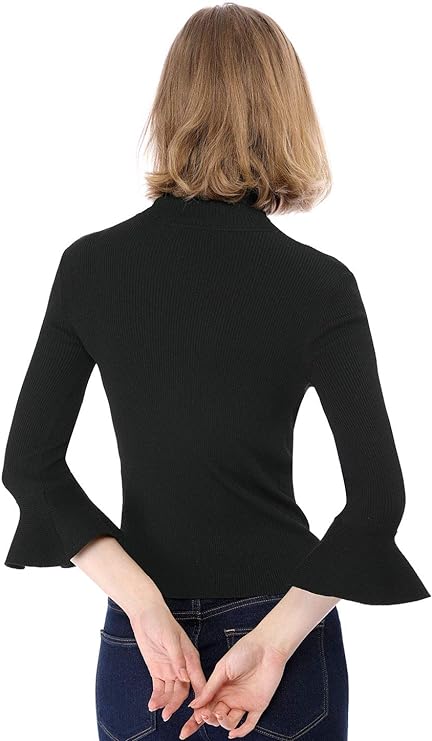 Women's Ruffle Sleeves Pullover Turtleneck Stretchy Knit Sweater Slim Fit Shirt