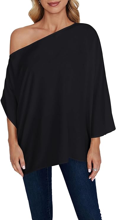 Women's Casual Off Shoulder Batwing Short Sleeve Solid Loose Shirt Blouse Top