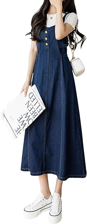 Women's Elegant Straps Back Smocked A-Line Long Skirt Denim Overall Pinafore Dress
