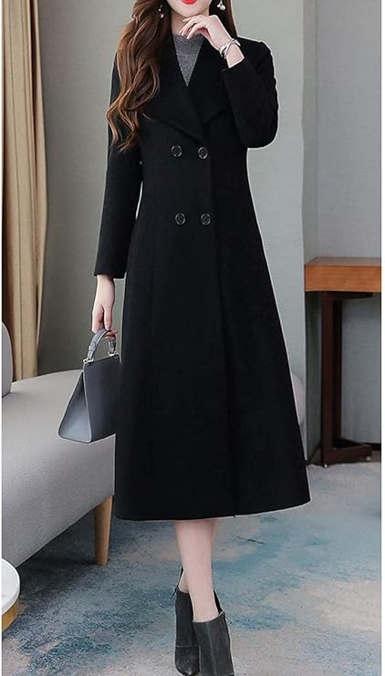 Women's Shawl Collar Double Breasted Below Knee Slim Wool Trench Long Coat