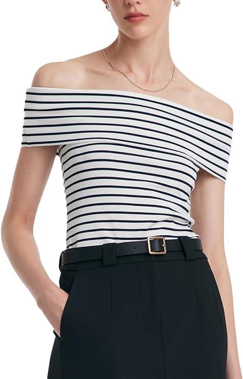 Women's Off Shoulder Short Sleeve Blue Stripe Knit T Shirt 2024 Dressy White Slim Fit Business Casual Tops for Women