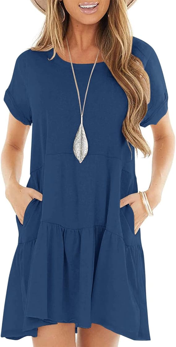 Women's Summer Short Sleeve Crew Neck T Shirt Dress Casual Loose Swing Dress with Pocket
