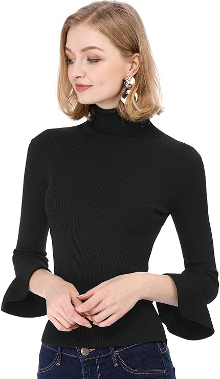 Women's Ruffle Sleeves Pullover Turtleneck Stretchy Knit Sweater Slim Fit Shirt