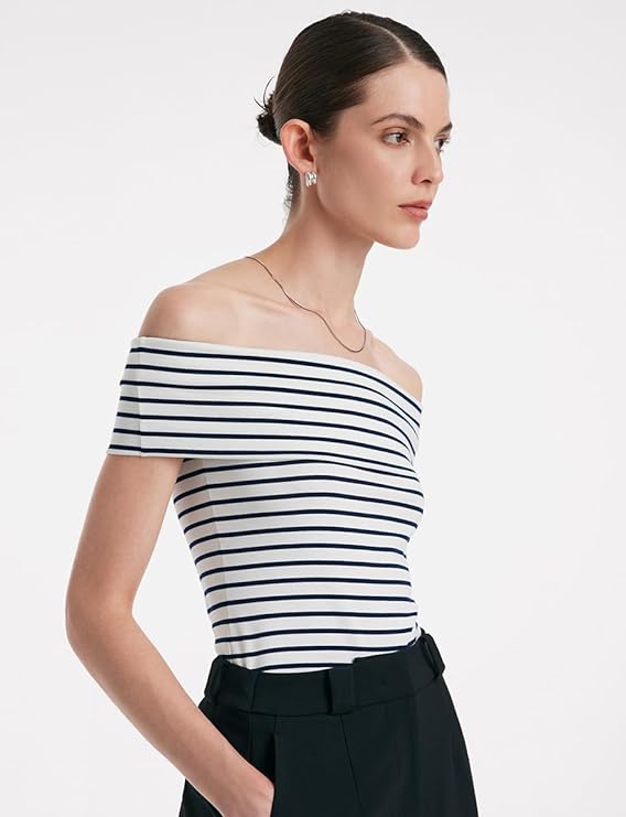 Women's Off Shoulder Short Sleeve Blue Stripe Knit T Shirt 2024 Dressy White Slim Fit Business Casual Tops for Women