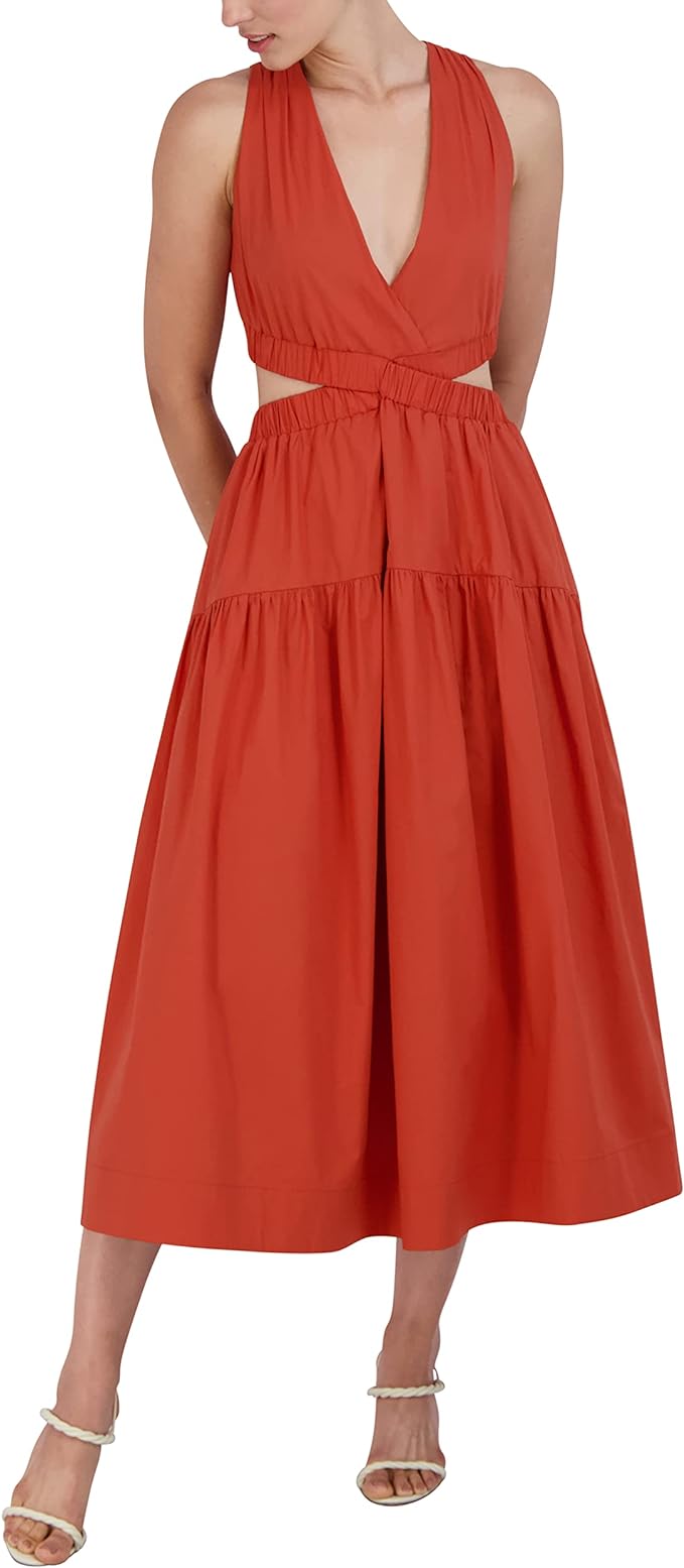 Women's V Neck Sleeveless Elastic Cut Out Waist Maxi Dress