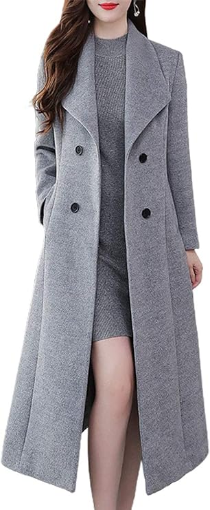 Women's Shawl Collar Double Breasted Below Knee Slim Wool Trench Long Coat