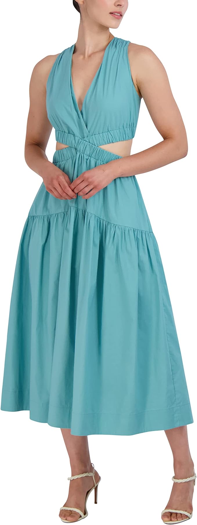 Women's V Neck Sleeveless Elastic Cut Out Waist Maxi Dress